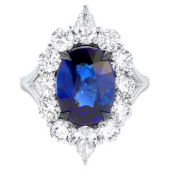 GRS Certified Blue Sapphire Ring With Diamonds 7.61 Carats 18K White Gold