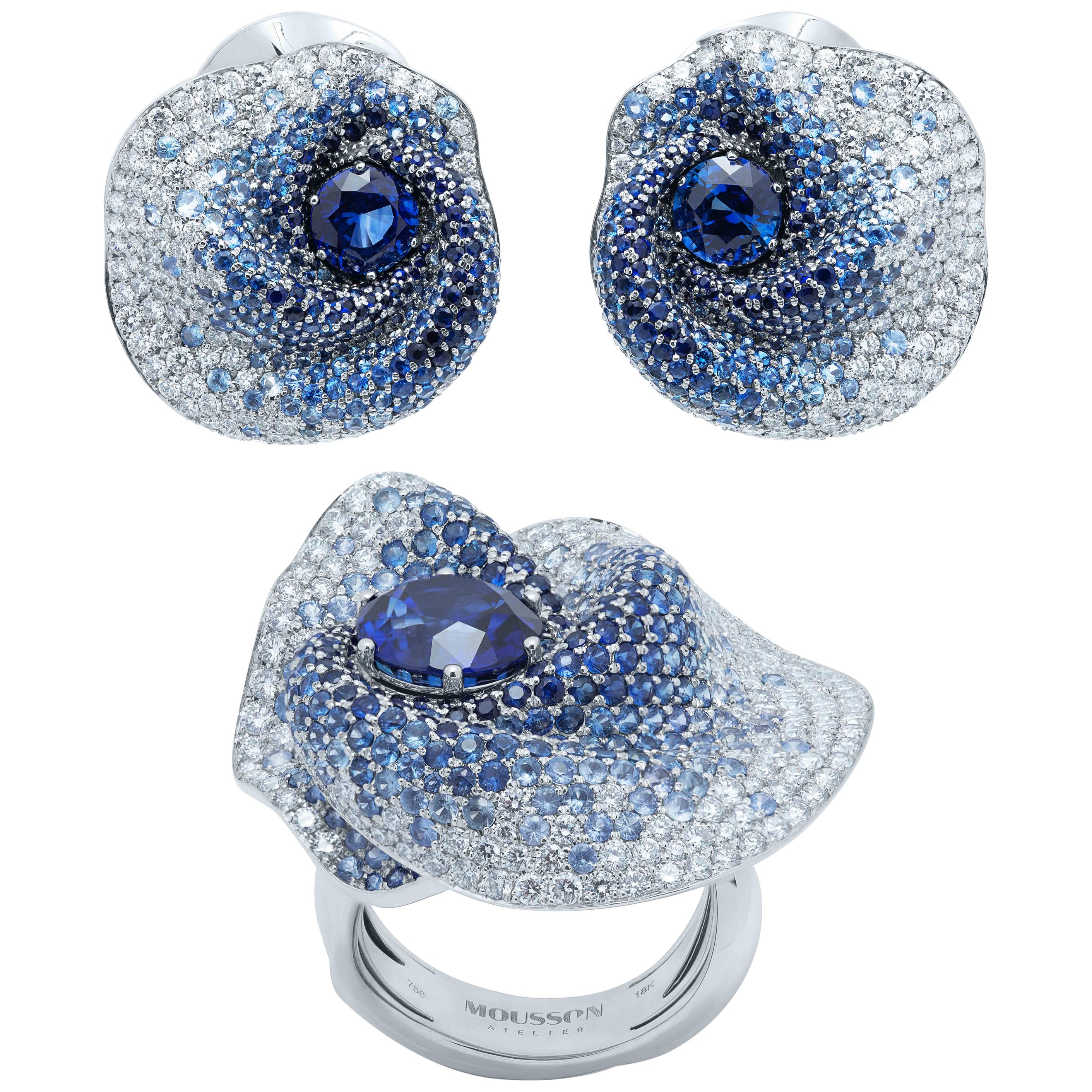 GRS Certified Blue Sapphires Diamonds 18 Karat White Gold Suite