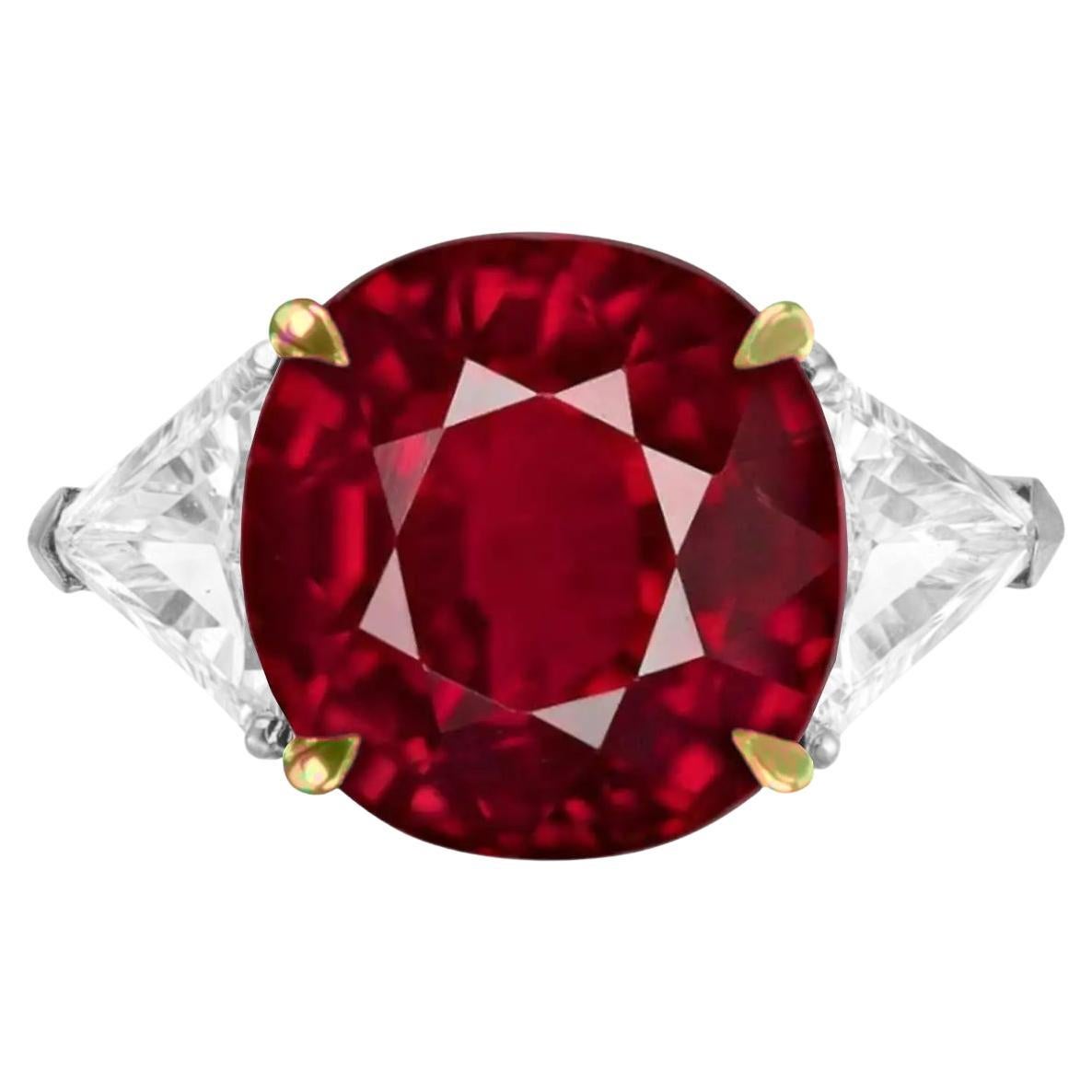 GRS Certified Burma Natural No Heat Vivid Red Natural Ruby Cushion Diamond Ring