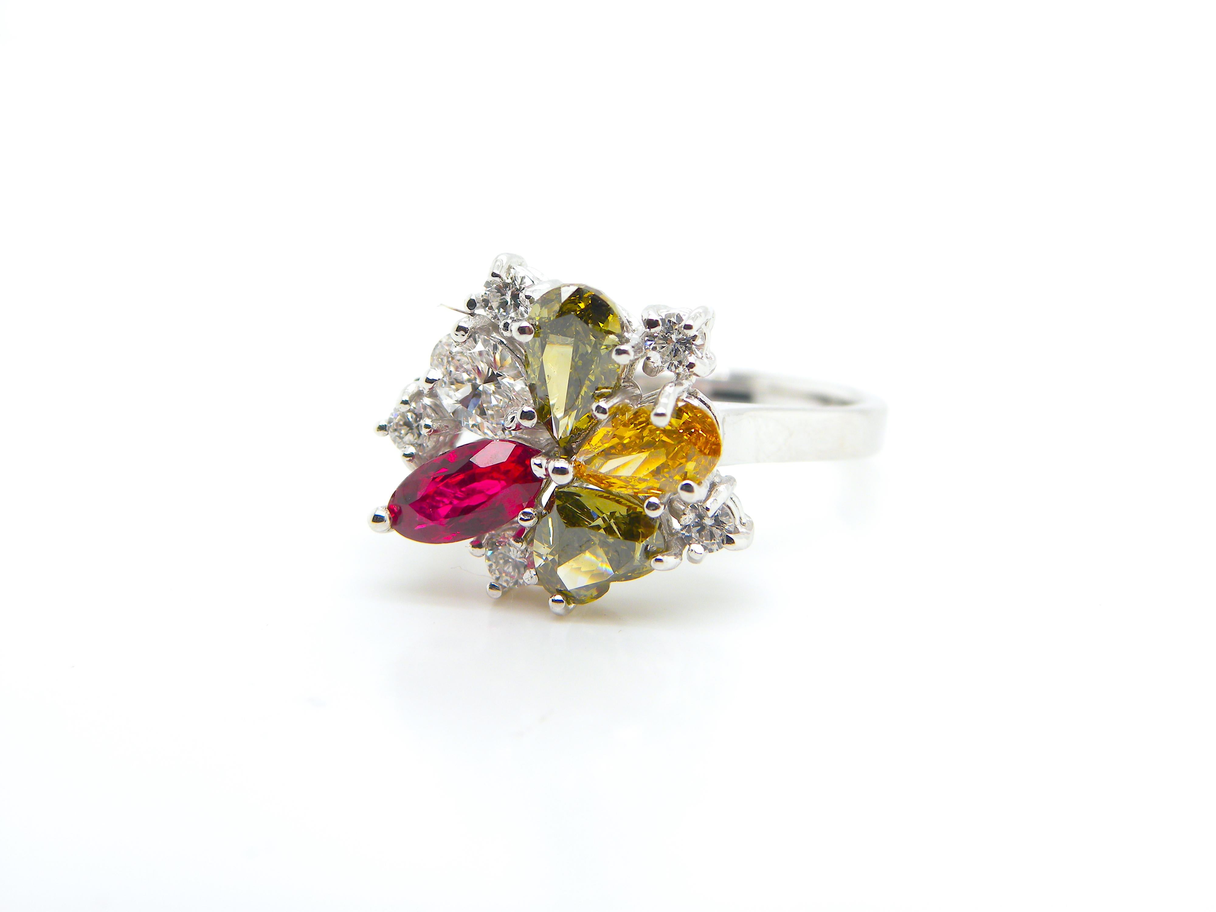 Modern GRS Certified Burma No Heat Pigeon's Blood Red Ruby and Coloured Diamond Ring