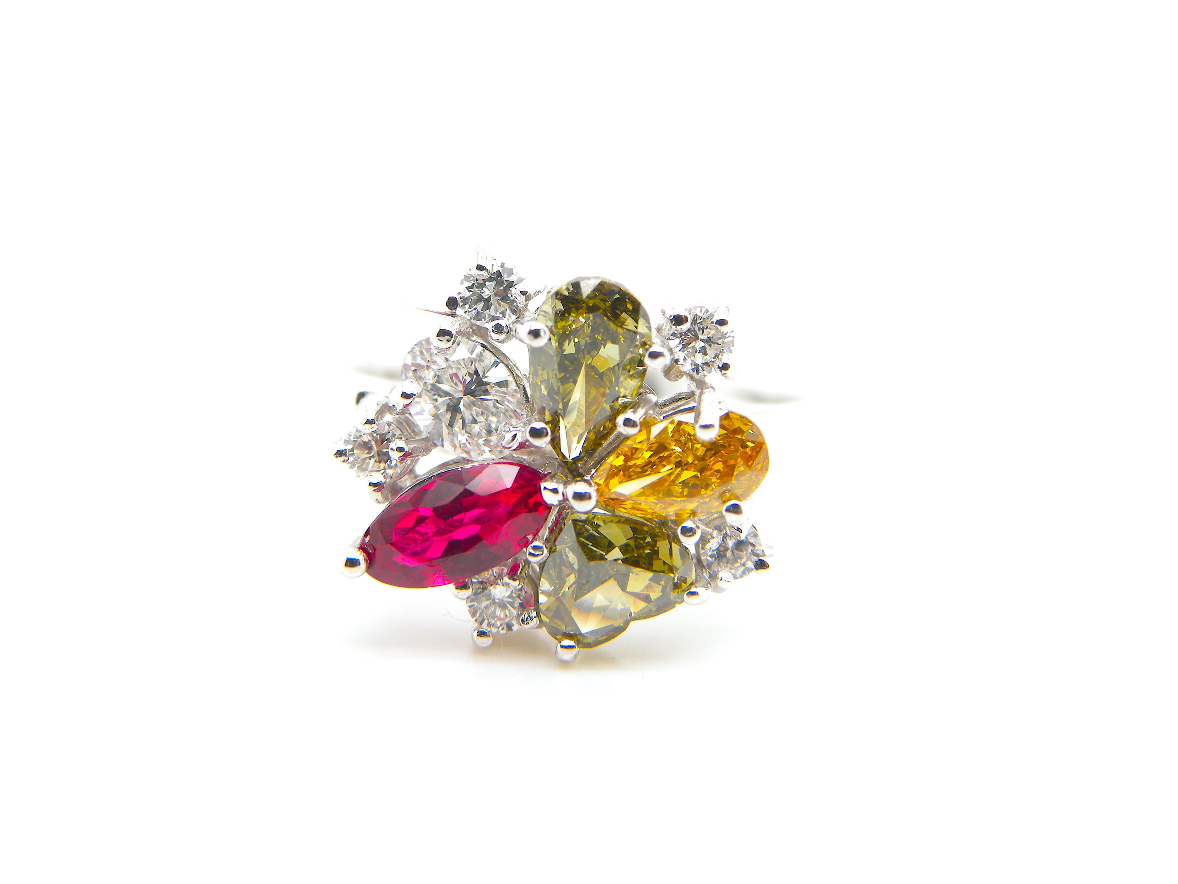 Marquise Cut GRS Certified Burma No Heat Pigeon's Blood Red Ruby and Coloured Diamond Ring