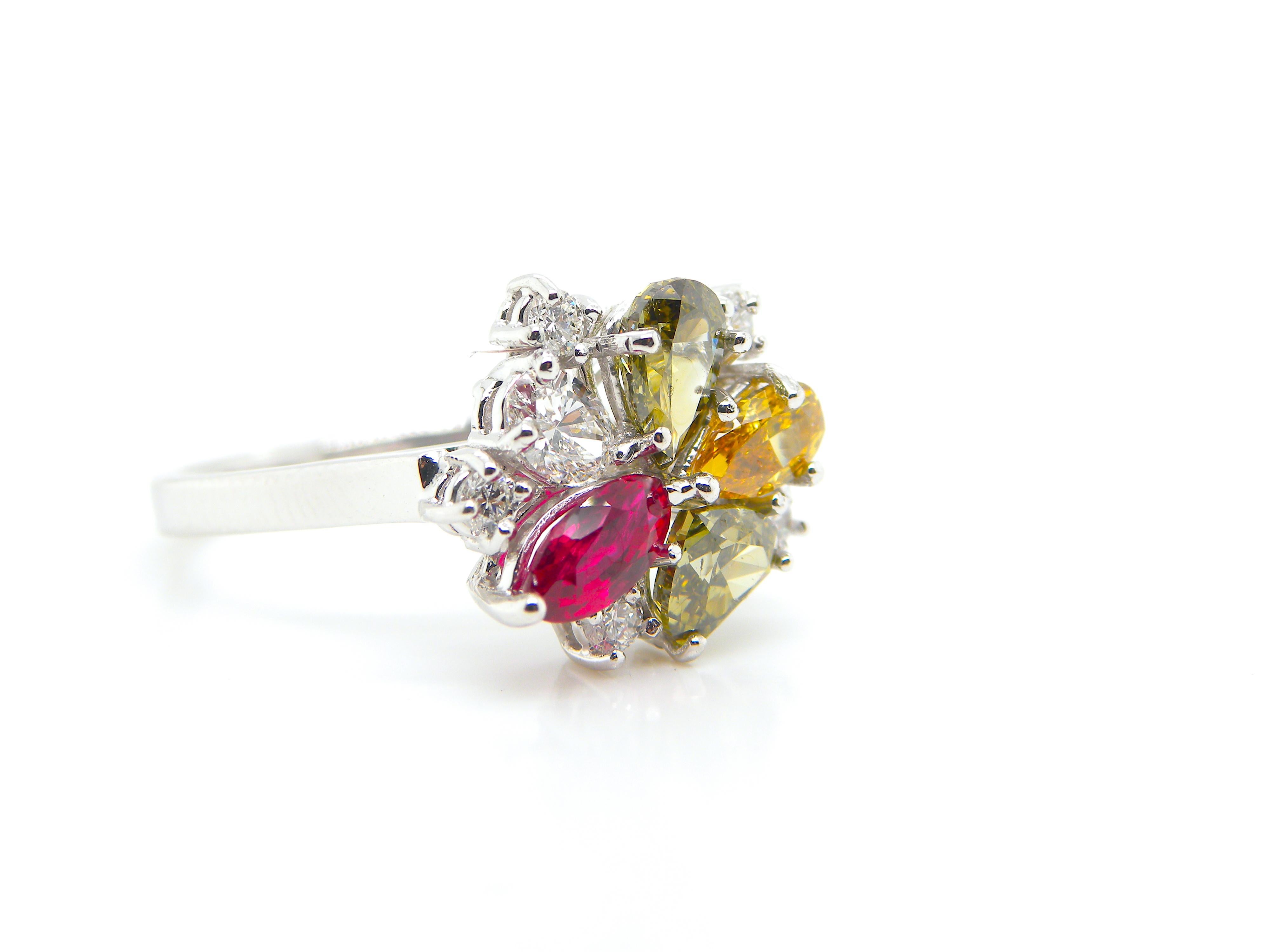 Women's or Men's GRS Certified Burma No Heat Pigeon's Blood Red Ruby and Coloured Diamond Ring