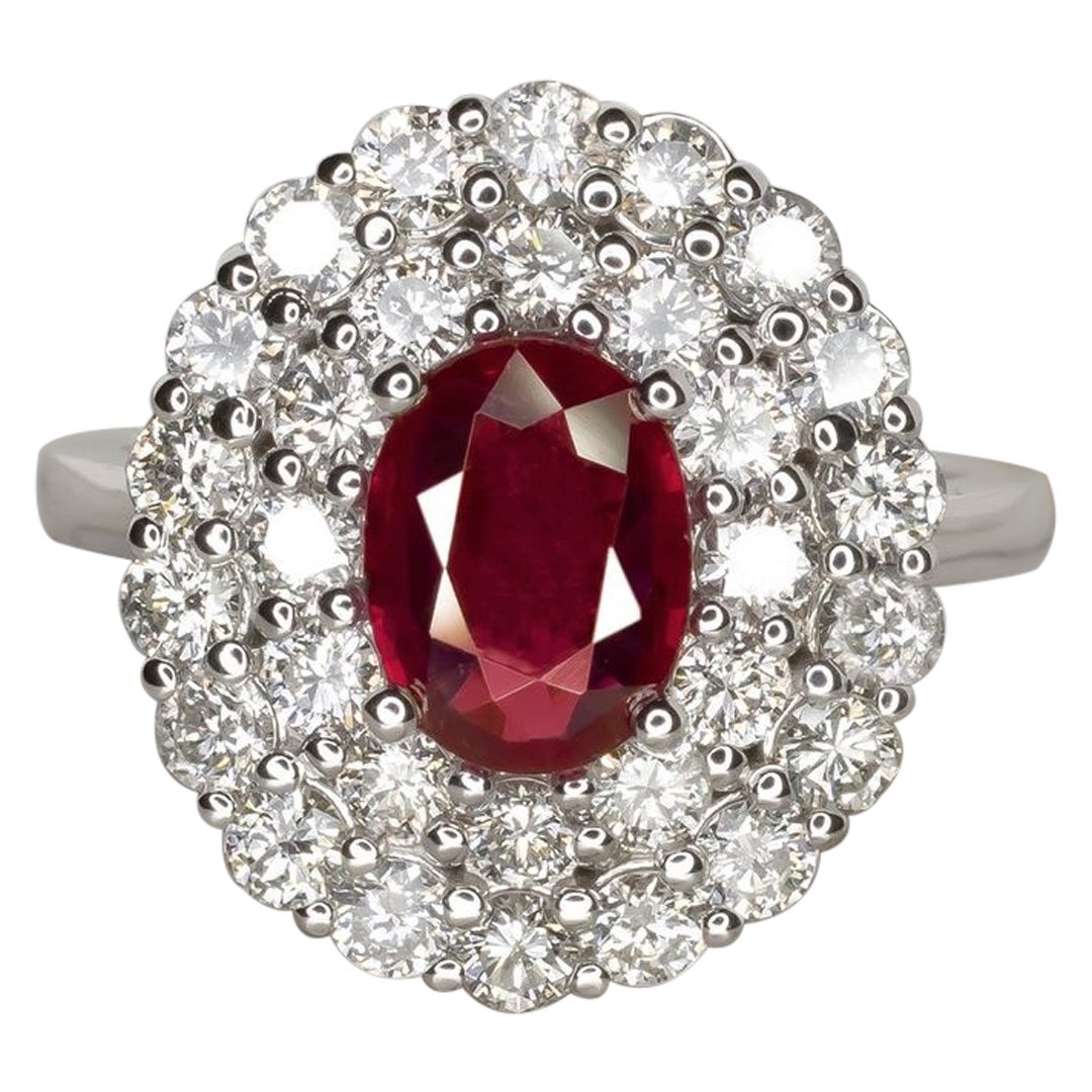GRS Certified BURMA NO HEAT Ruby Diamond Halo Solitaire Platinum Ring For Sale