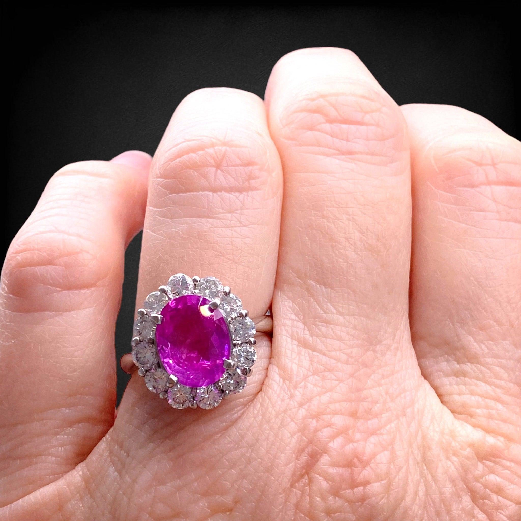 Women's GRS Certified Burma Pink Sapphire & Diamond Platinum Ring For Sale