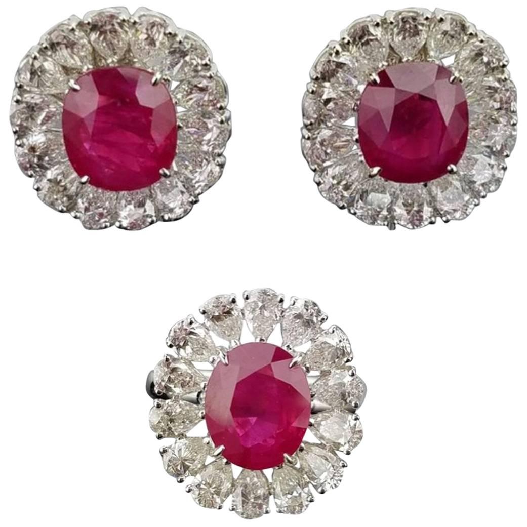 GRS Certified Burma Ruby and Diamond Ring and Studs Suite