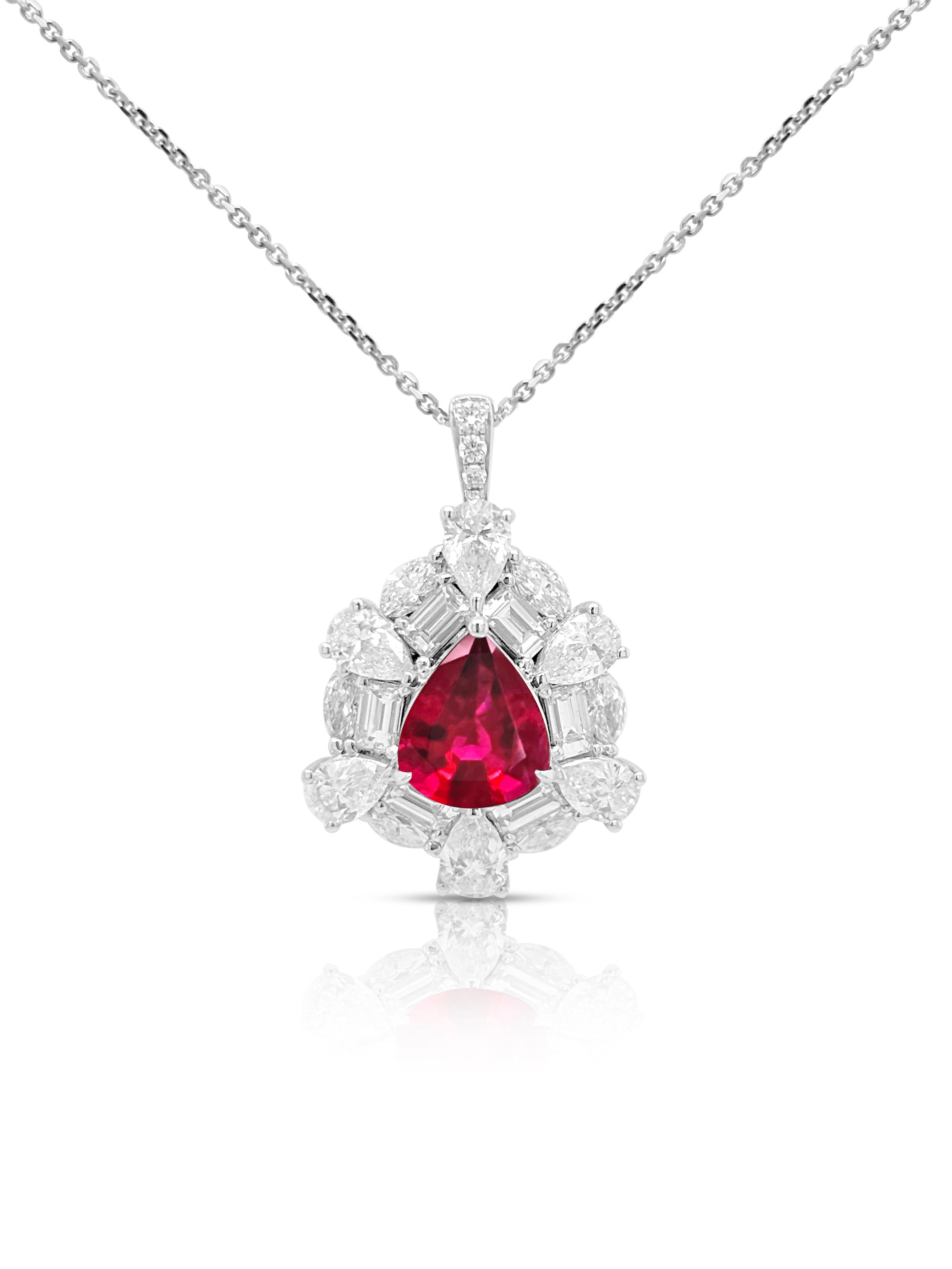 GRS-zertifizierter, leuchtend roter Burma-Rubin, elegant in 18 Karat Gold gefasst und mit funkelnden weißen Naturdiamanten verziert. Der lebhafte rote Farbton des Rubins strahlt zeitlose Schönheit aus, während die Brillanten seine reiche Farbe und