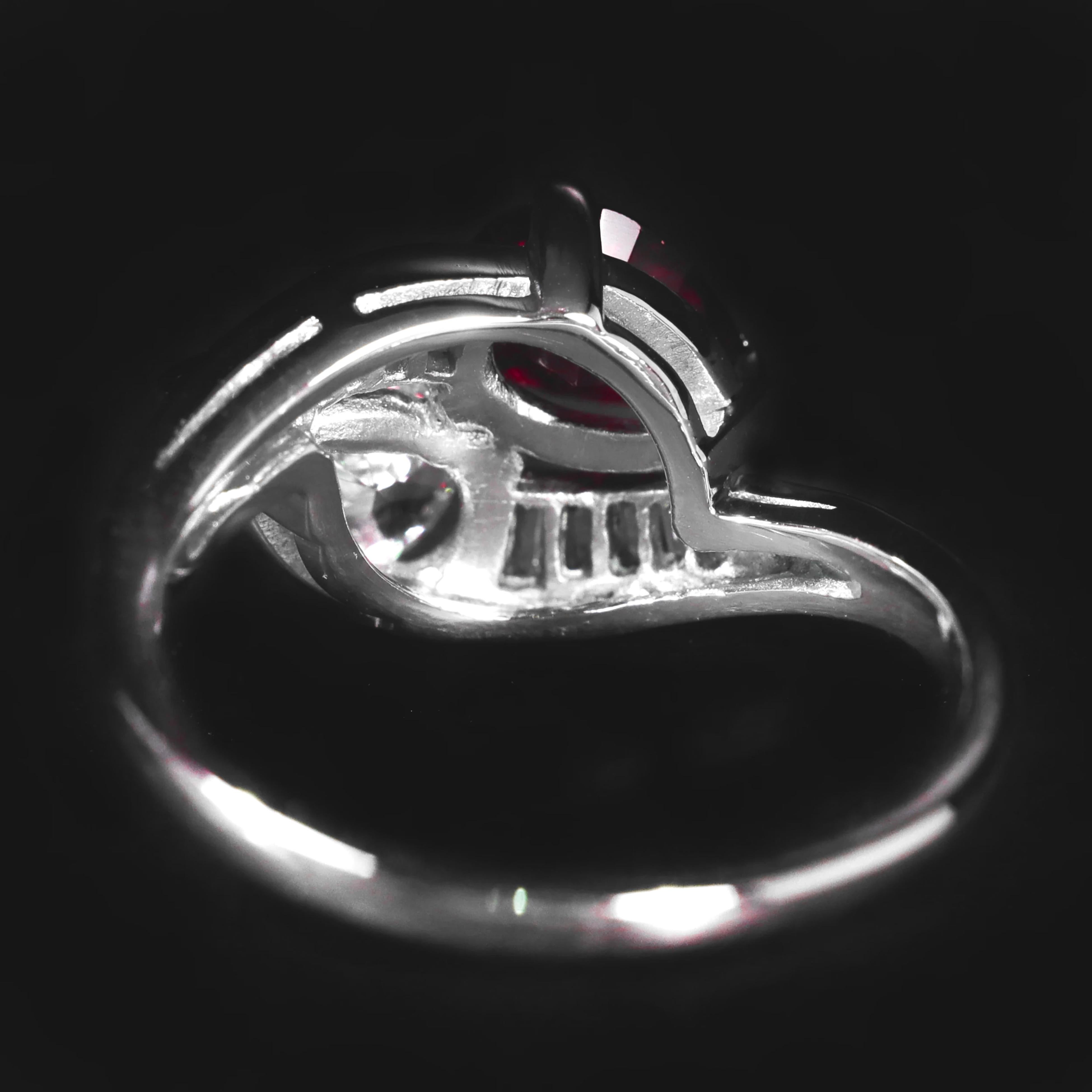 Contemporary GRS Certified Burma Unheated PEAGON BLOOD Pear Cut Diamond Bypass Ring For Sale