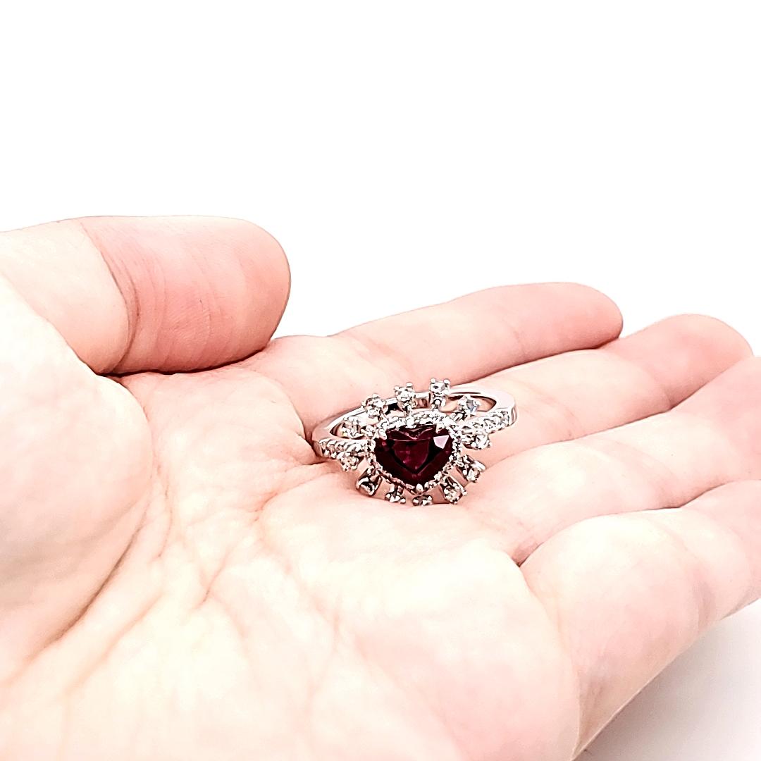 GRS Certified Burmese Pigeon's Blood Ruby Heart and Rose Cut Round Diamond Ring For Sale 2