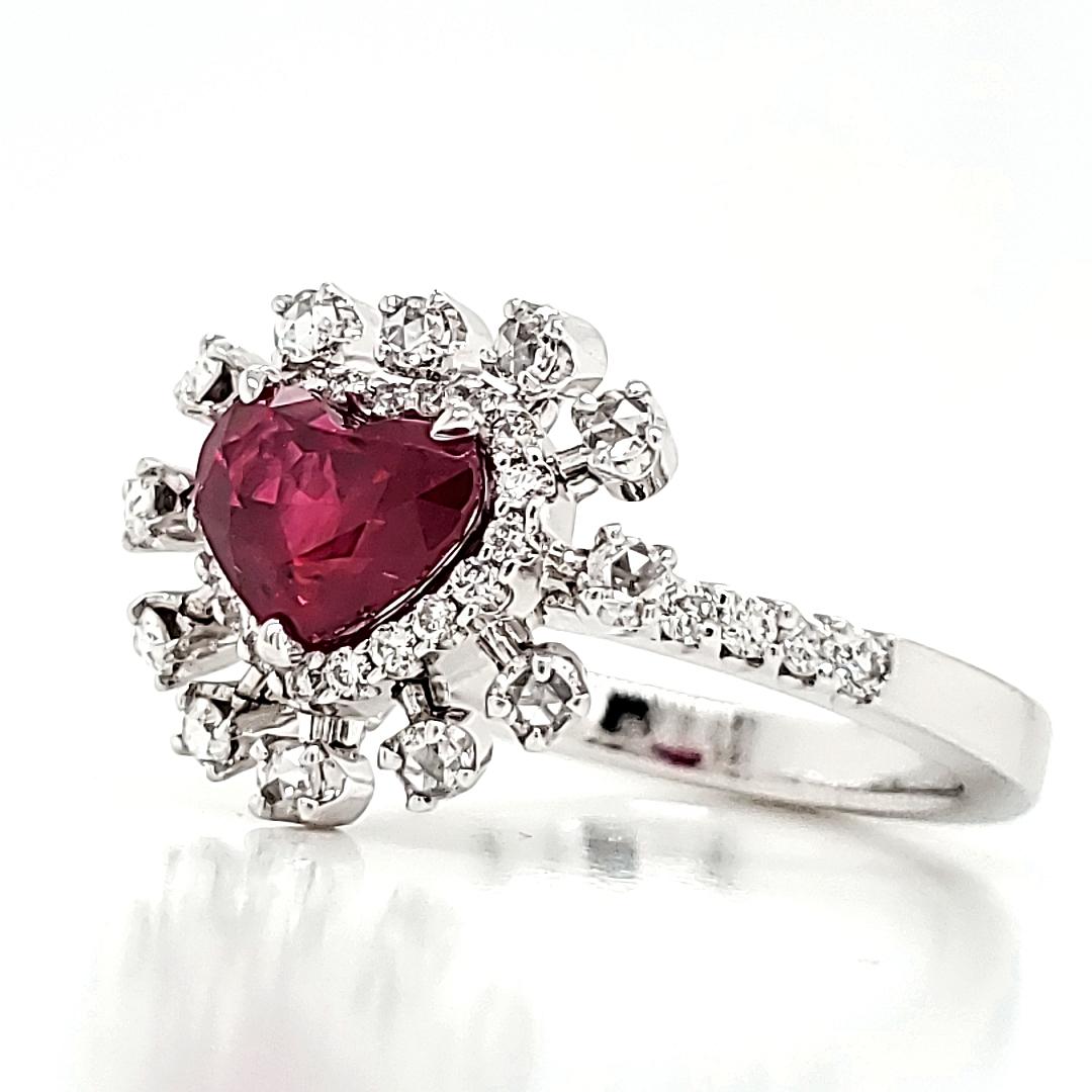 Contemporary GRS Certified Burmese Pigeon's Blood Ruby Heart and Rose Cut Round Diamond Ring For Sale
