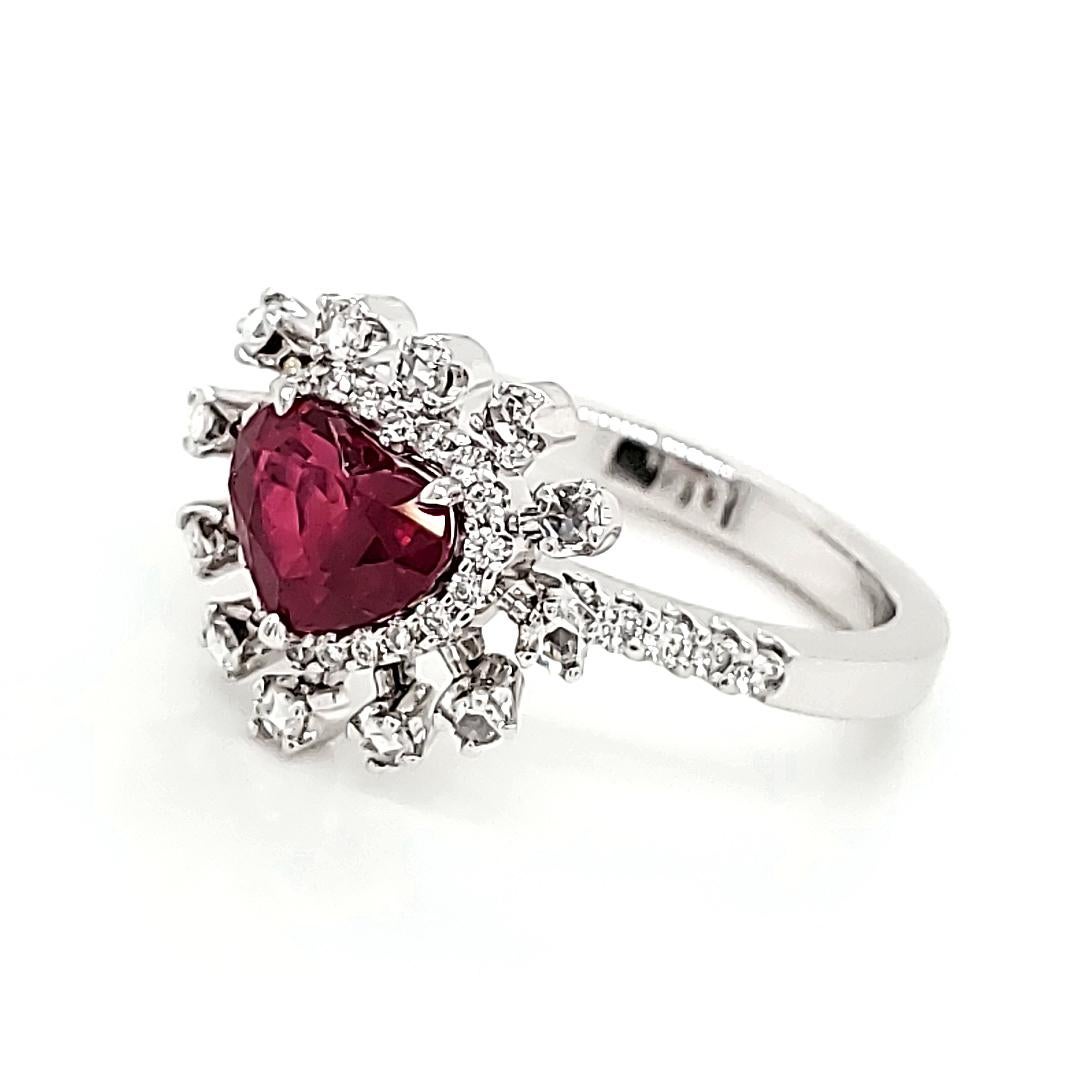 Heart Cut GRS Certified Burmese Pigeon's Blood Ruby Heart and Rose Cut Round Diamond Ring For Sale