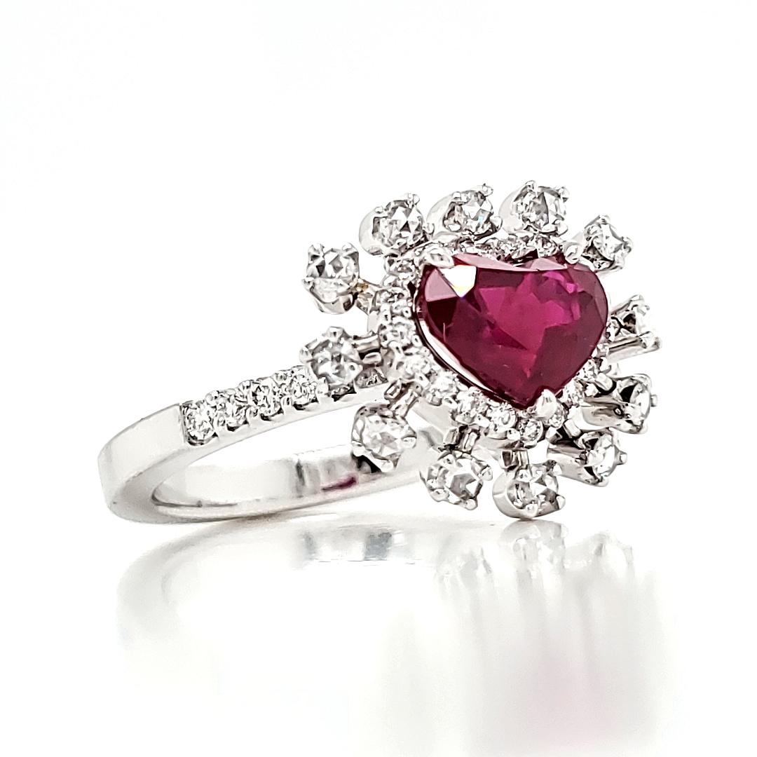 GRS Certified Burmese Pigeon's Blood Ruby Heart and Rose Cut Round Diamond Ring In New Condition For Sale In Hong Kong, HK