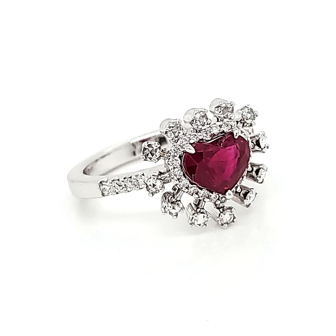 Women's GRS Certified Burmese Pigeon's Blood Ruby Heart and Rose Cut Round Diamond Ring For Sale