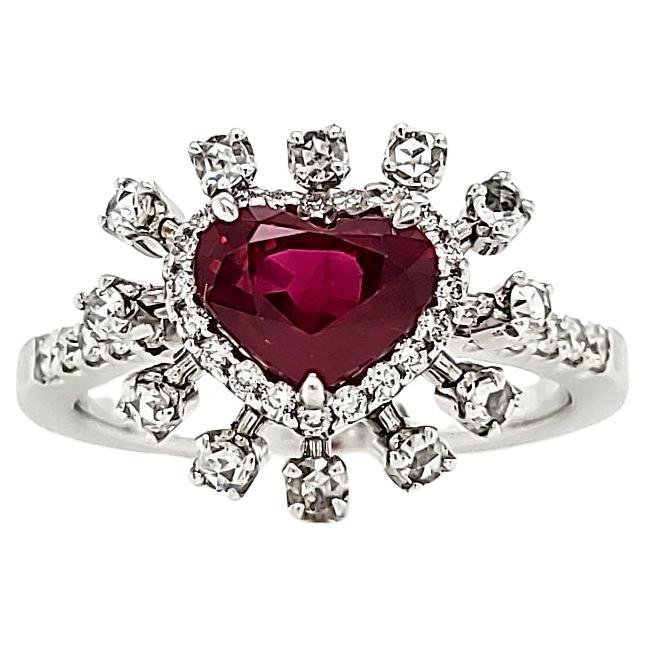 GRS Certified Burmese Pigeon's Blood Ruby Heart and Rose Cut Round Diamond Ring For Sale