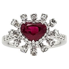 GRS Certified Burmese Pigeon's Blood Ruby Heart and Rose Cut Round Diamond Ring