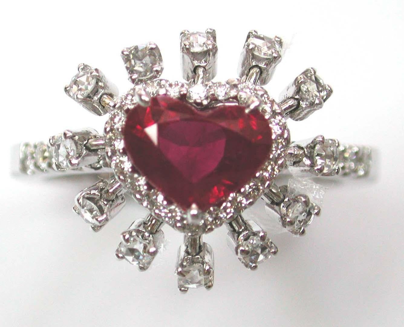 GRS Certified Burmese Pigeon's Blood Ruby Heart and Rose Cut Round Diamond Ring For Sale 1