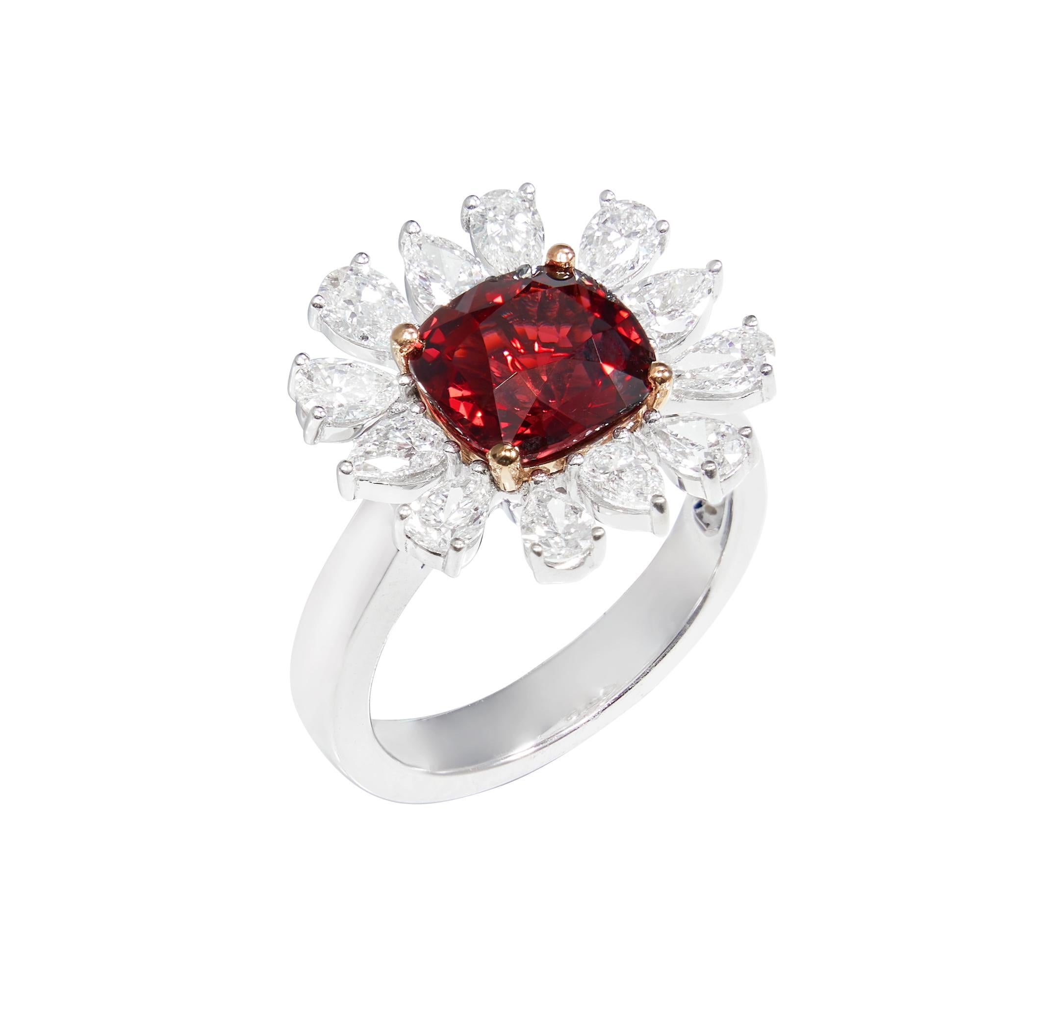 Cushion Cut GRS Certified Burmese Red Spinel Ring with Diamond in 18K White & Yellow Gold
