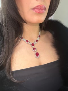 GRS Certified Burmese Ruby and White Diamond Necklace, 67. 14ct 18K White Gold
