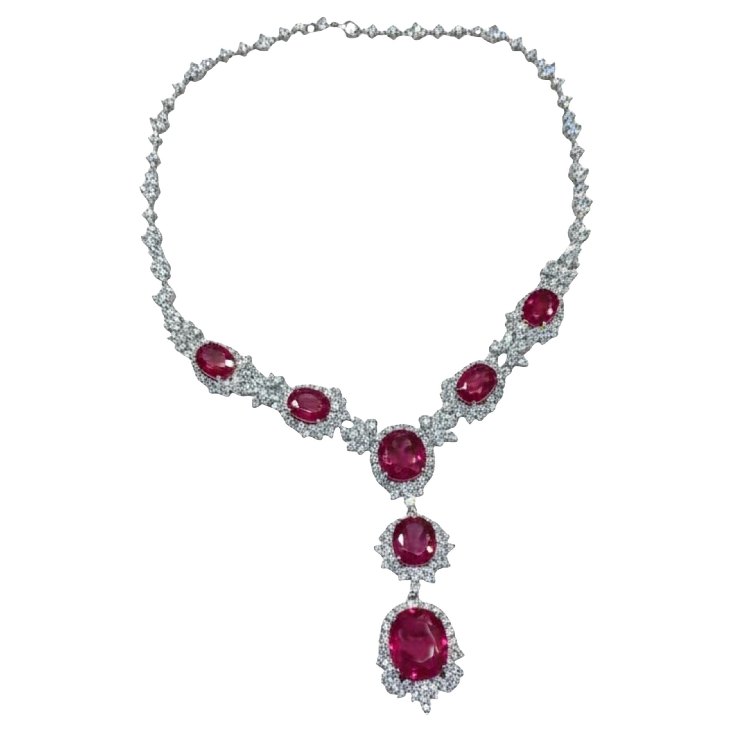 GRS Certified Burmese Ruby and White Diamond Necklace, 67. 14ct 18K White Gold