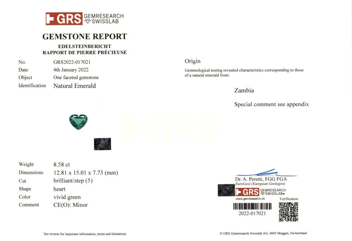 GRS Certified Carat Heart Shape 4 Carat Vivid Green Emerald Diamond Ring For Sale 2