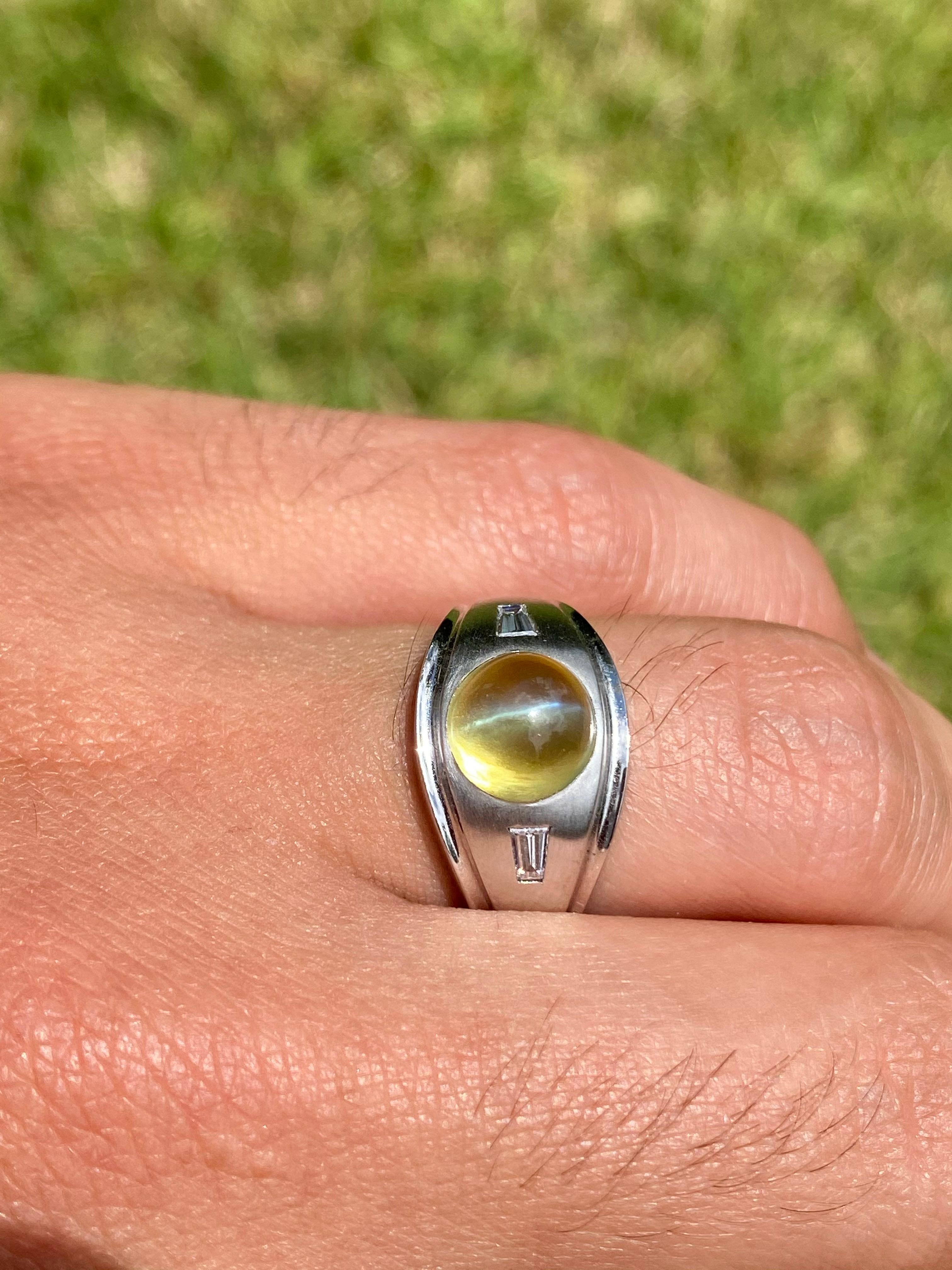 Cabochon GRS Certified Chrysoberyl Cats Eye Mens Ring 14k White Gold Setting For Sale