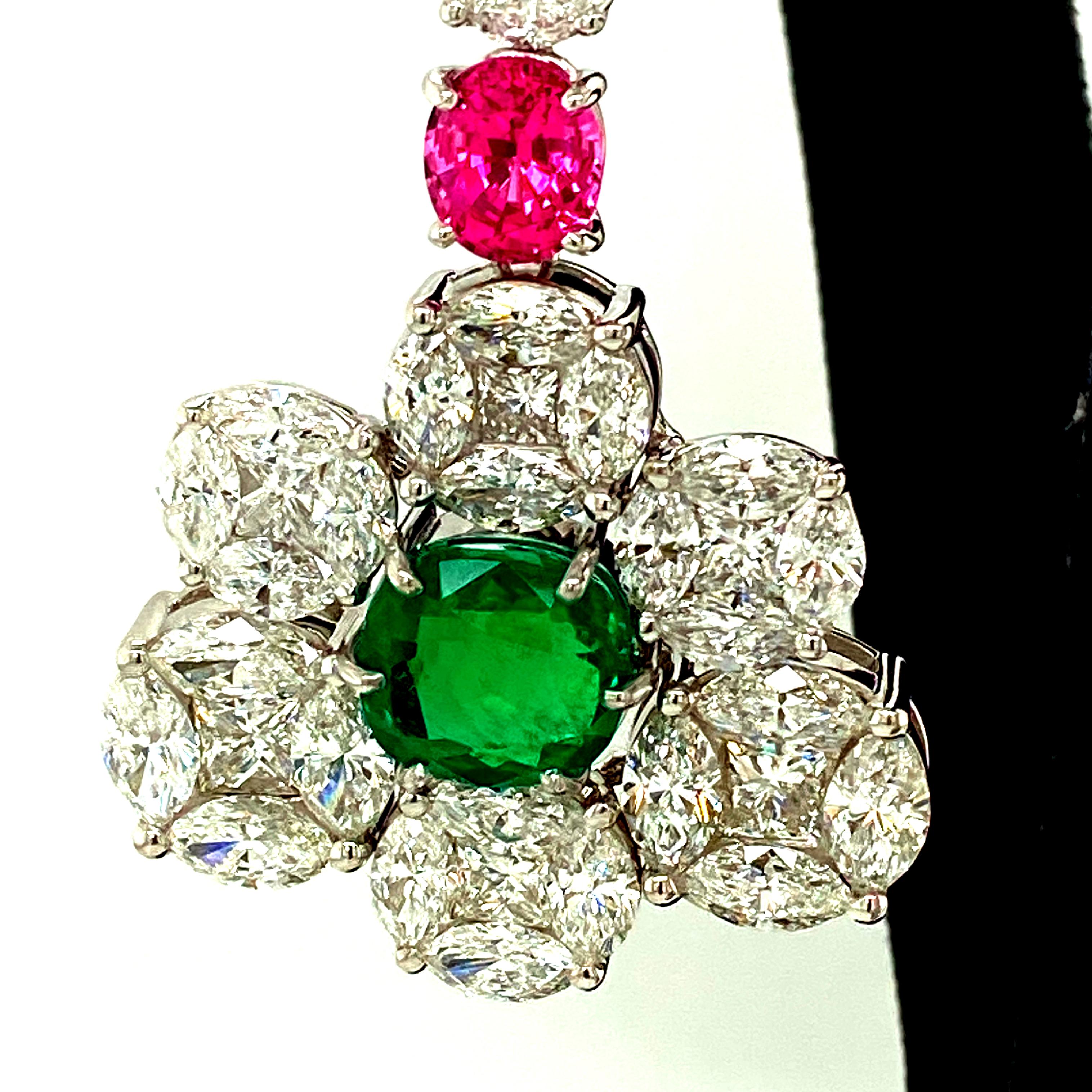 GRS Certified Colombian Emerald Pink Spinel, and Diamond Gold Earrings or Brooch For Sale 10