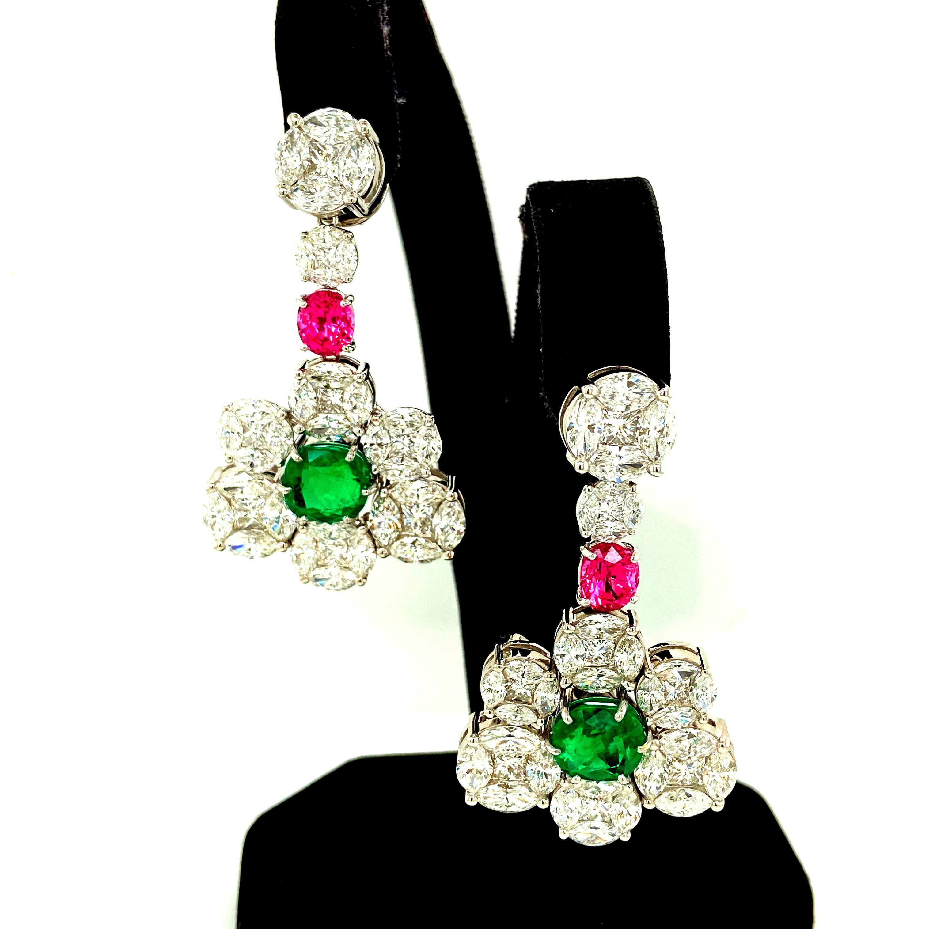 GRS Certified Colombian Emerald Pink Spinel, and Diamond Gold Earrings or Brooch For Sale 11