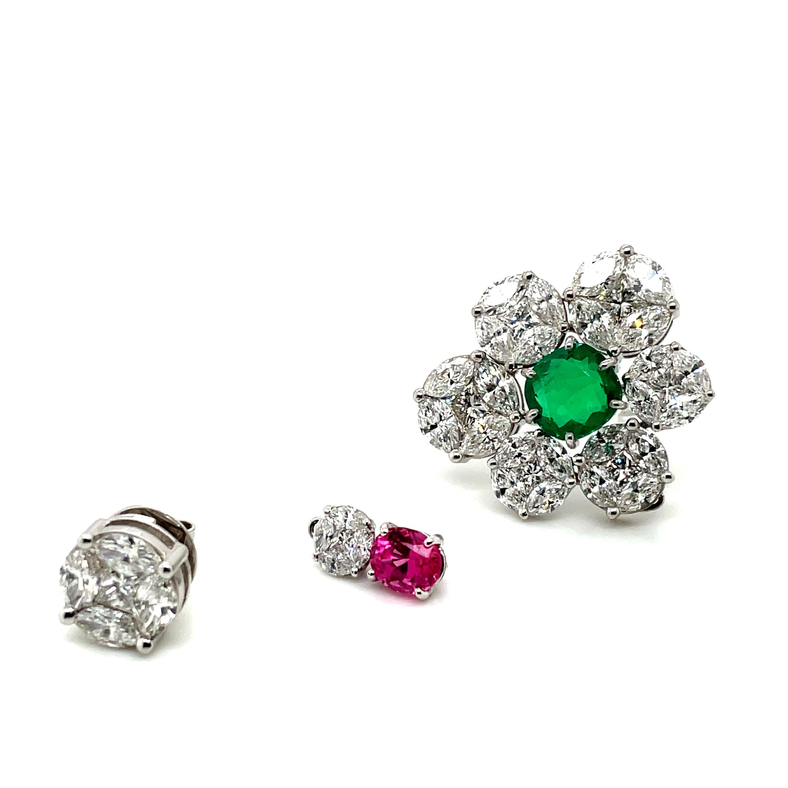 GRS Certified Colombian Emerald Pink Spinel, and Diamond Gold Earrings or Brooch For Sale 8