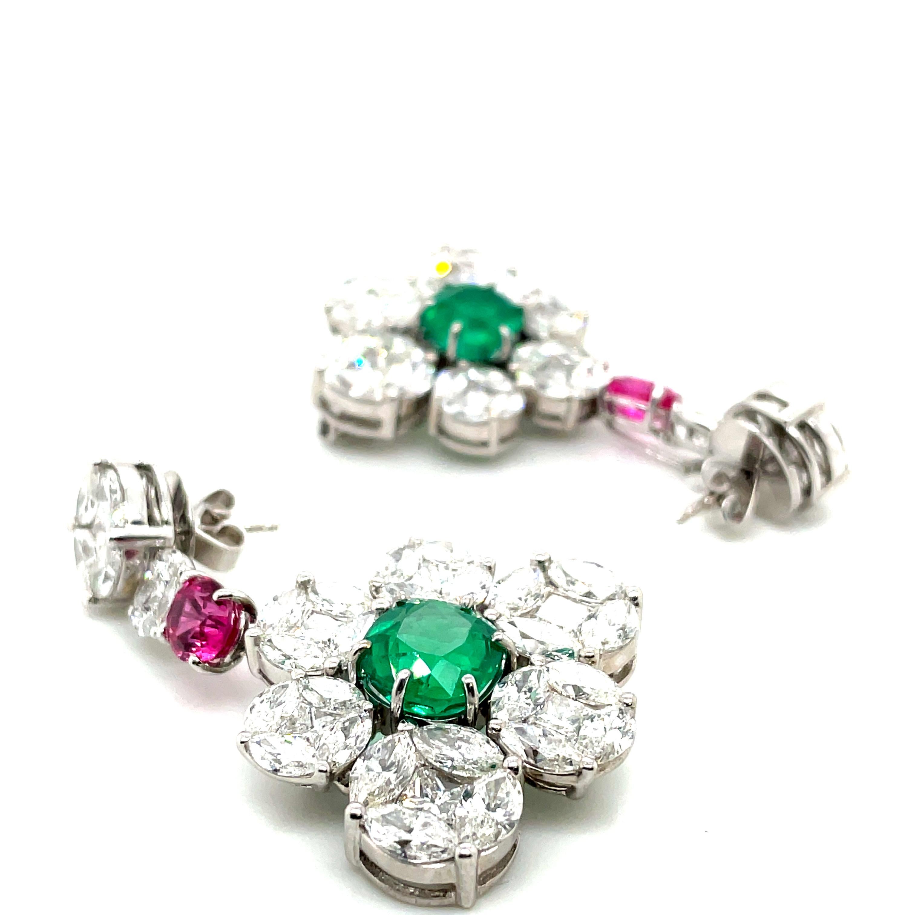 Women's or Men's GRS Certified Colombian Emerald Pink Spinel, and Diamond Gold Earrings or Brooch For Sale