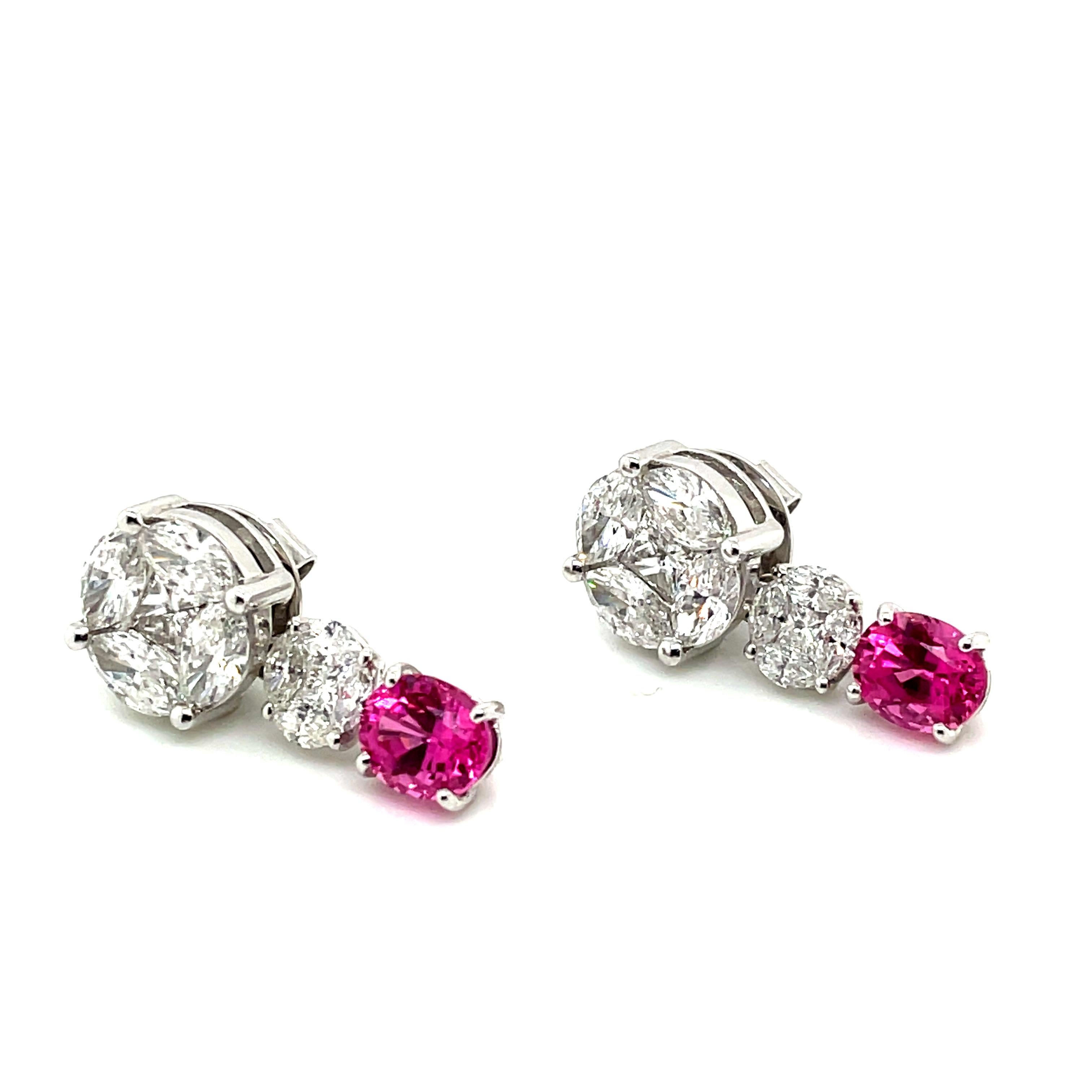 Boucles d'oreilles ou broche en or avec émeraude de Colombie certifiée GRS, spinelle rose et diamants en vente 3