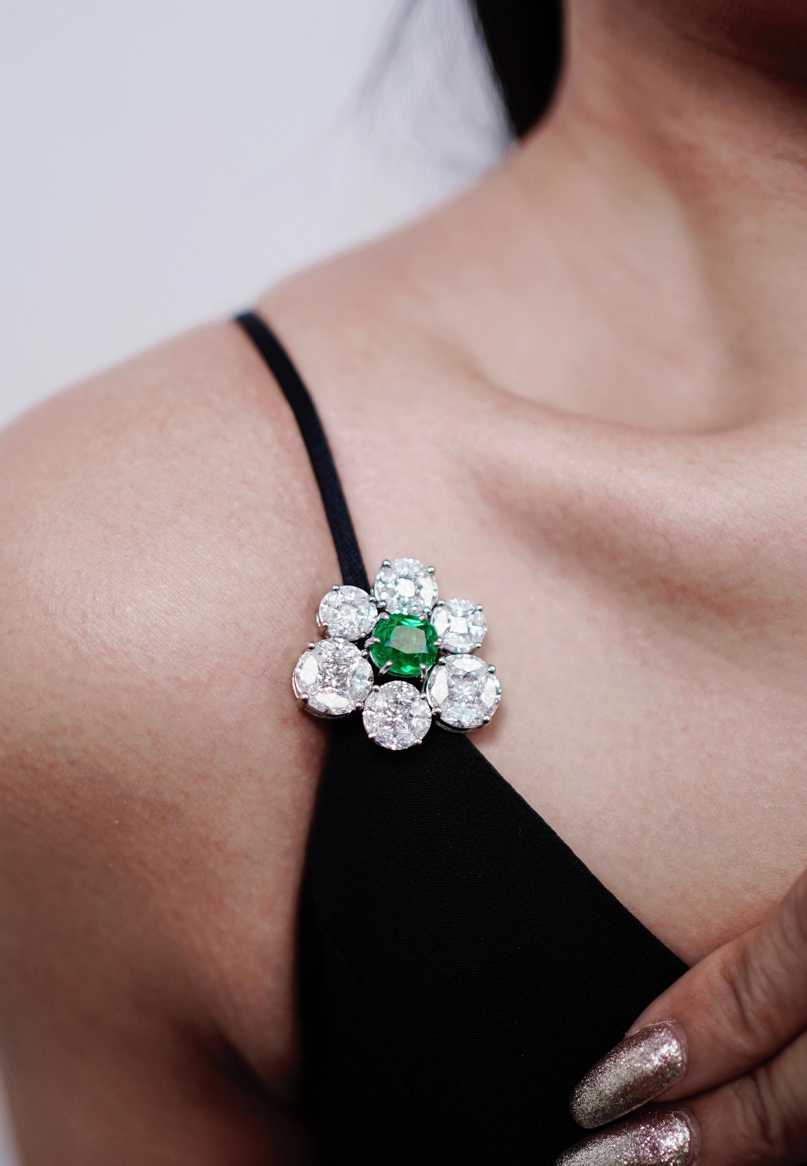 Cushion Cut GRS Certified Colombian Emerald Pink Spinel, and Diamond Gold Earrings or Brooch For Sale