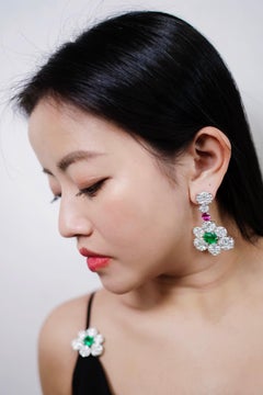 GRS Certified Colombian Emerald Pink Spinel, and Diamond Gold Earrings or Brooch
