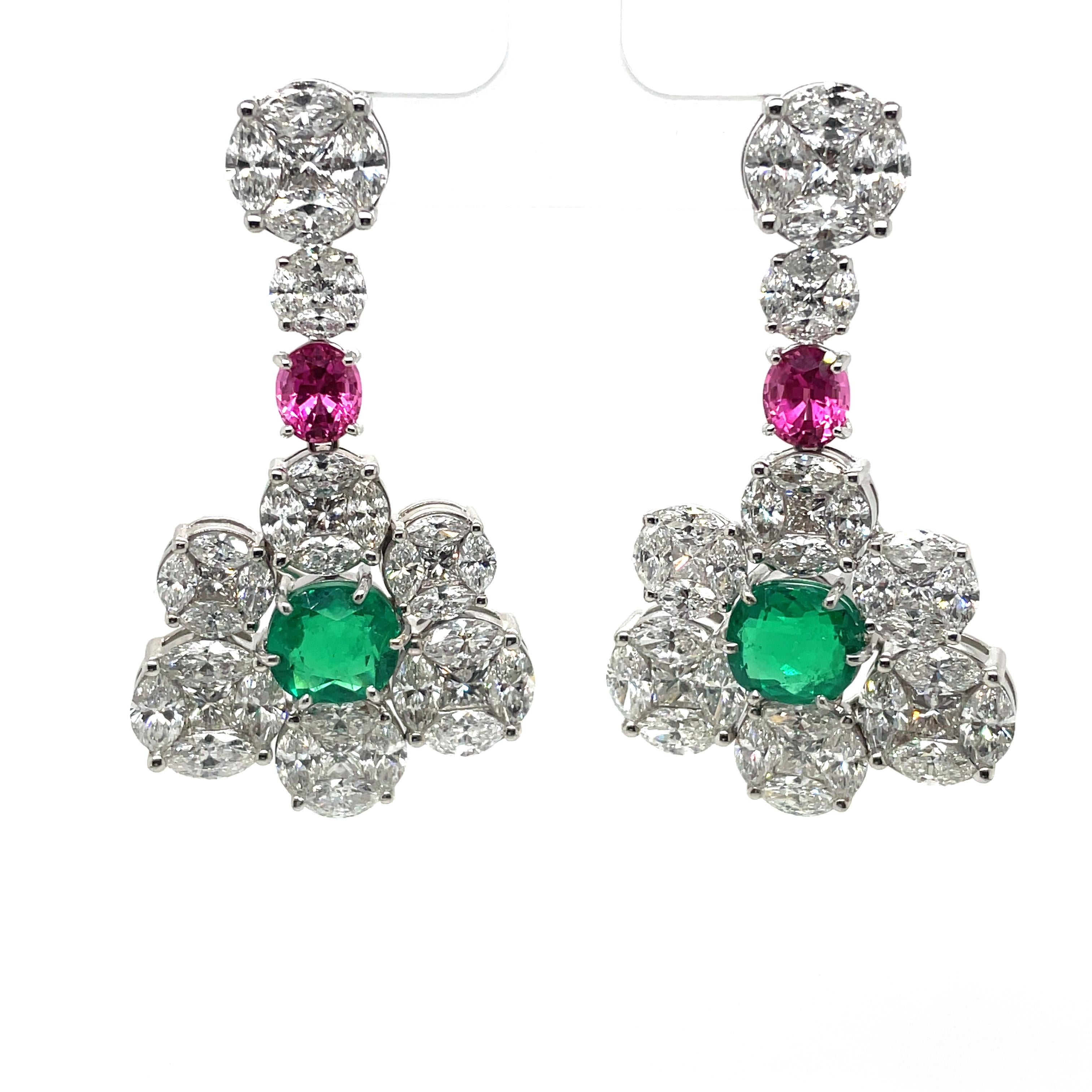 GRS Certified Colombian Emerald Pink Spinel, and Diamond Gold Earrings or Brooch In New Condition For Sale In Hong Kong, HK