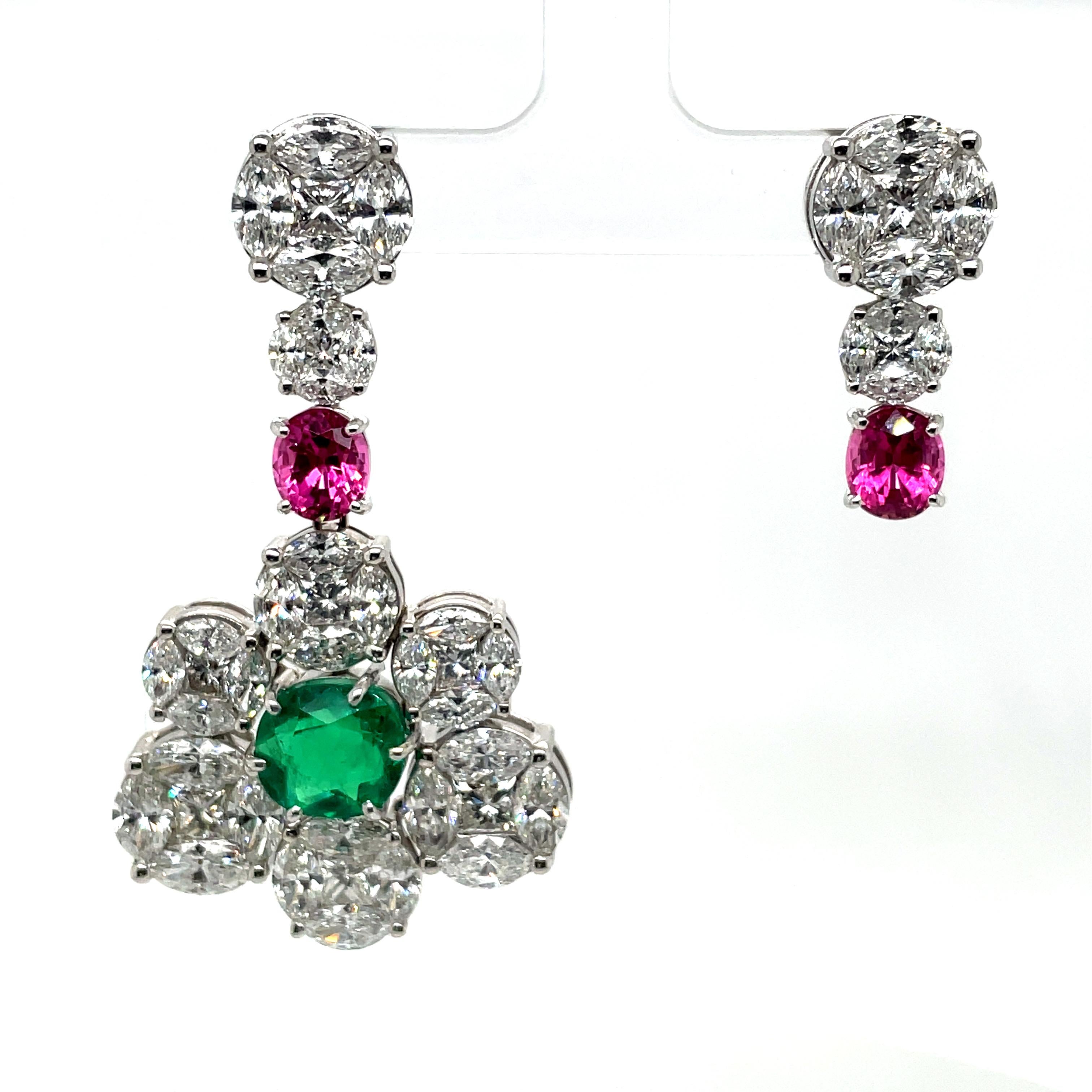 Boucles d'oreilles ou broche en or avec émeraude de Colombie certifiée GRS, spinelle rose et diamants en vente 1