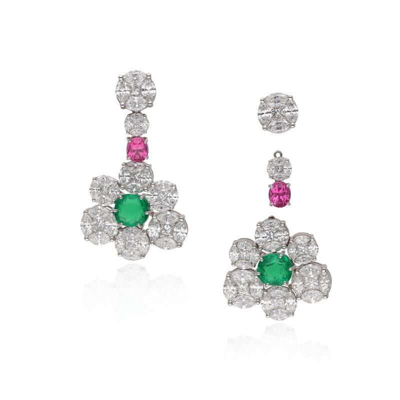 Women's or Men's GRS Certified Colombian Emerald Pink Spinel, and Diamond Gold Earrings or Brooch For Sale