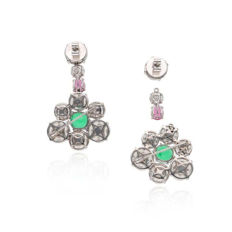 GRS Certified Colombian Emerald Pink Spinel, and Diamond Gold Earrings or Brooch For Sale 1