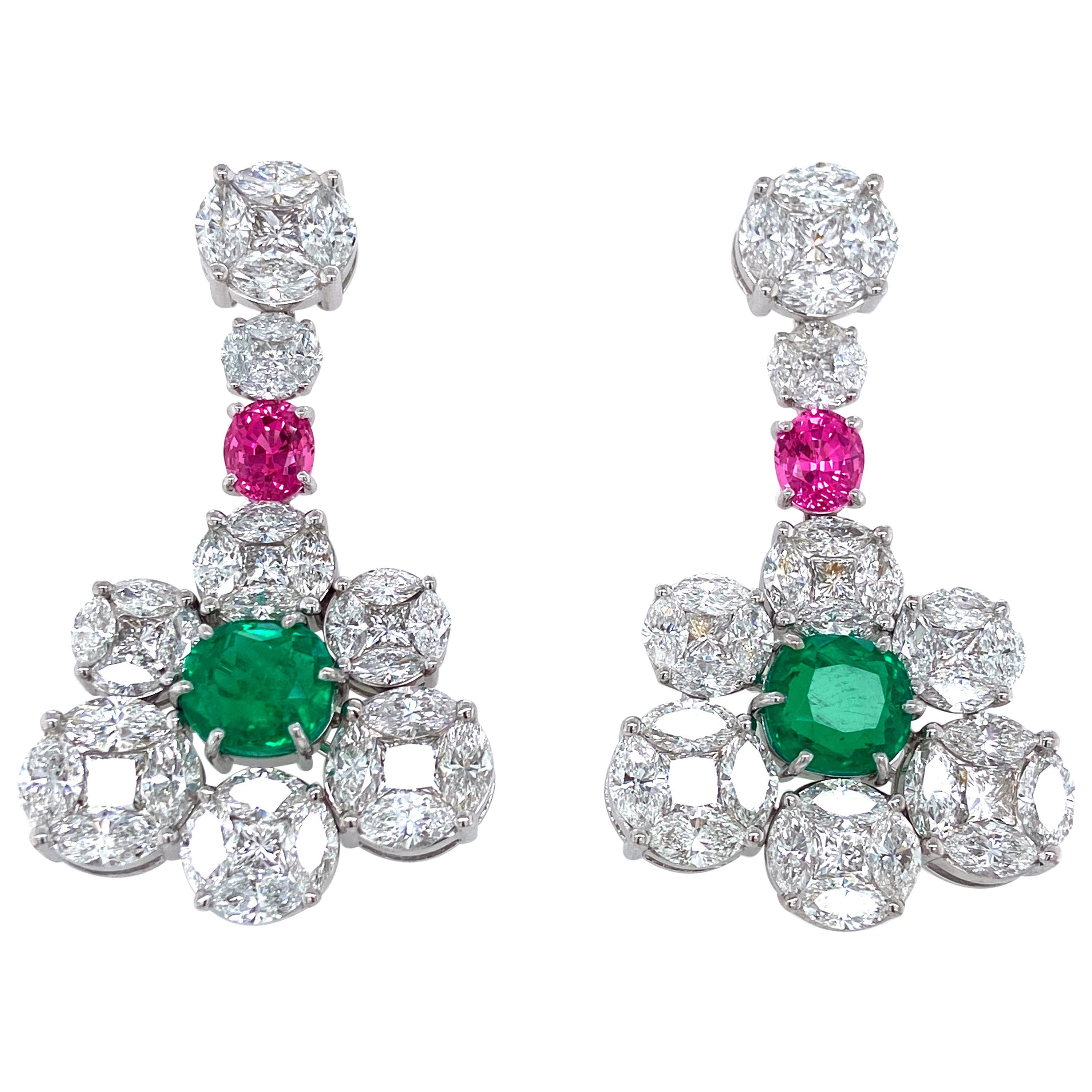 GRS Certified Colombian Emerald Pink Spinel, and Diamond Gold Earrings or Brooch For Sale