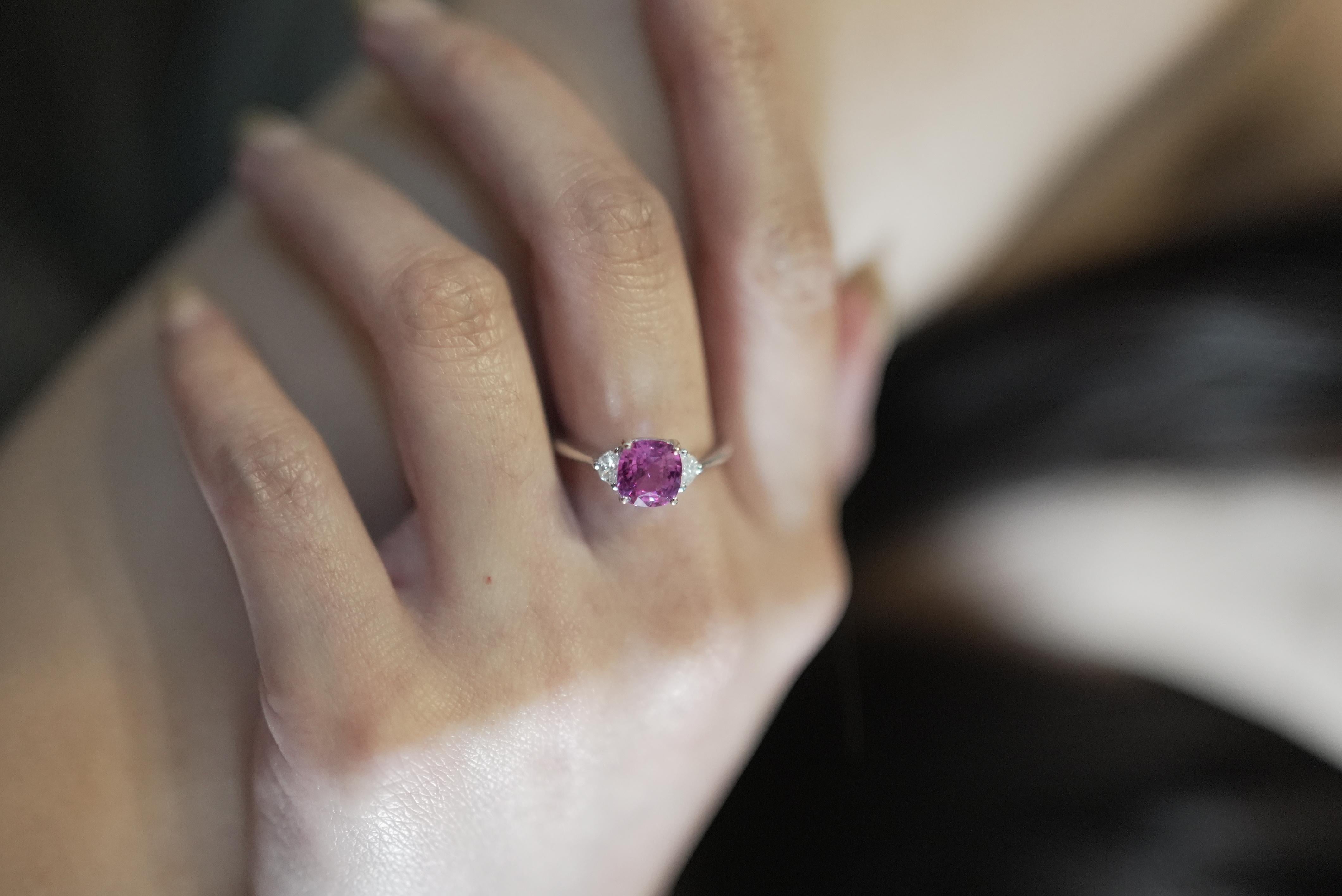 GRS Certified Cushion Vivid Pink Sapphire Cts 2.32 Half Moon Diamond Engagement For Sale 4
