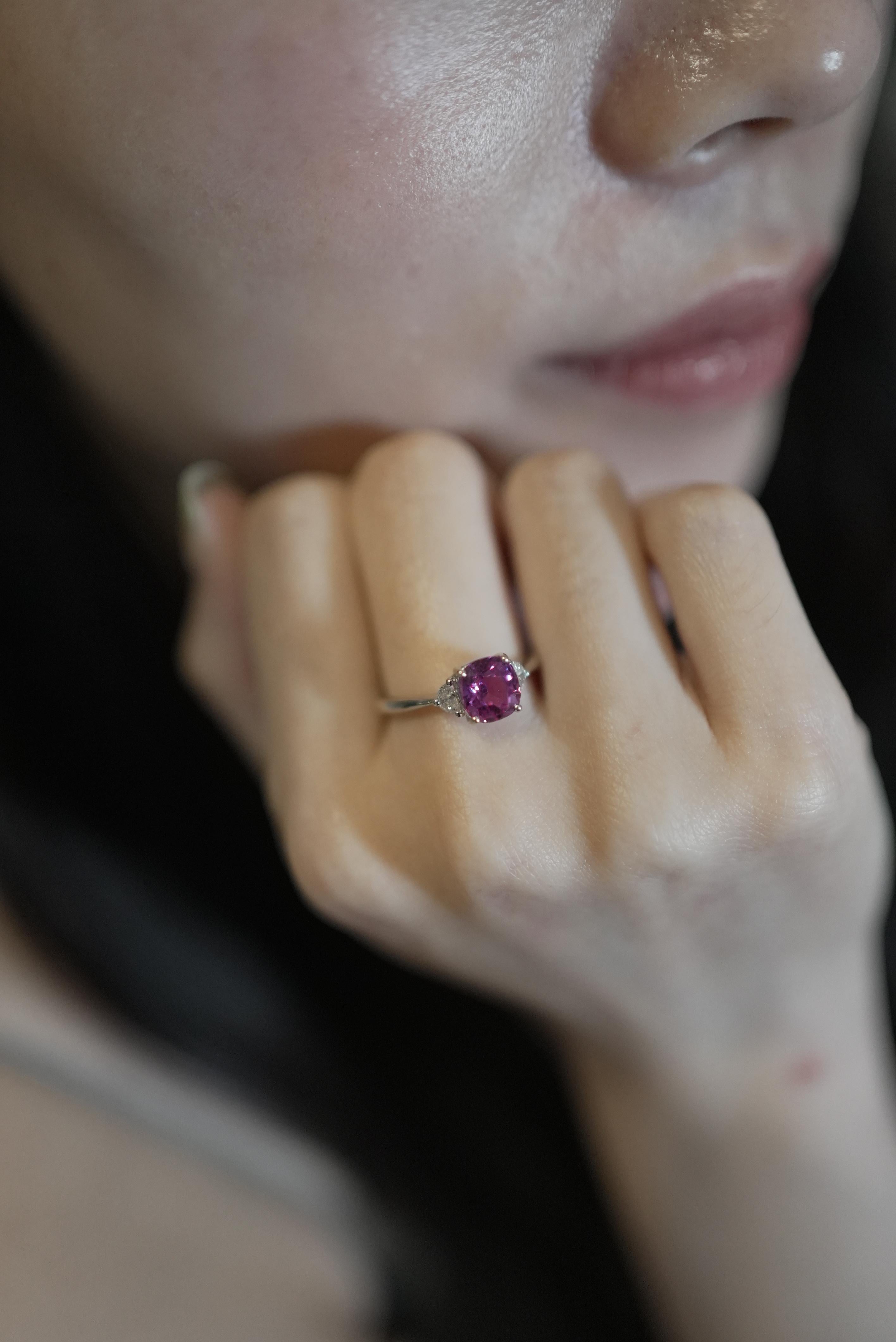 GRS Certified Cushion Vivid Pink Sapphire Cts 2.32 Half Moon Diamond Engagement For Sale 5