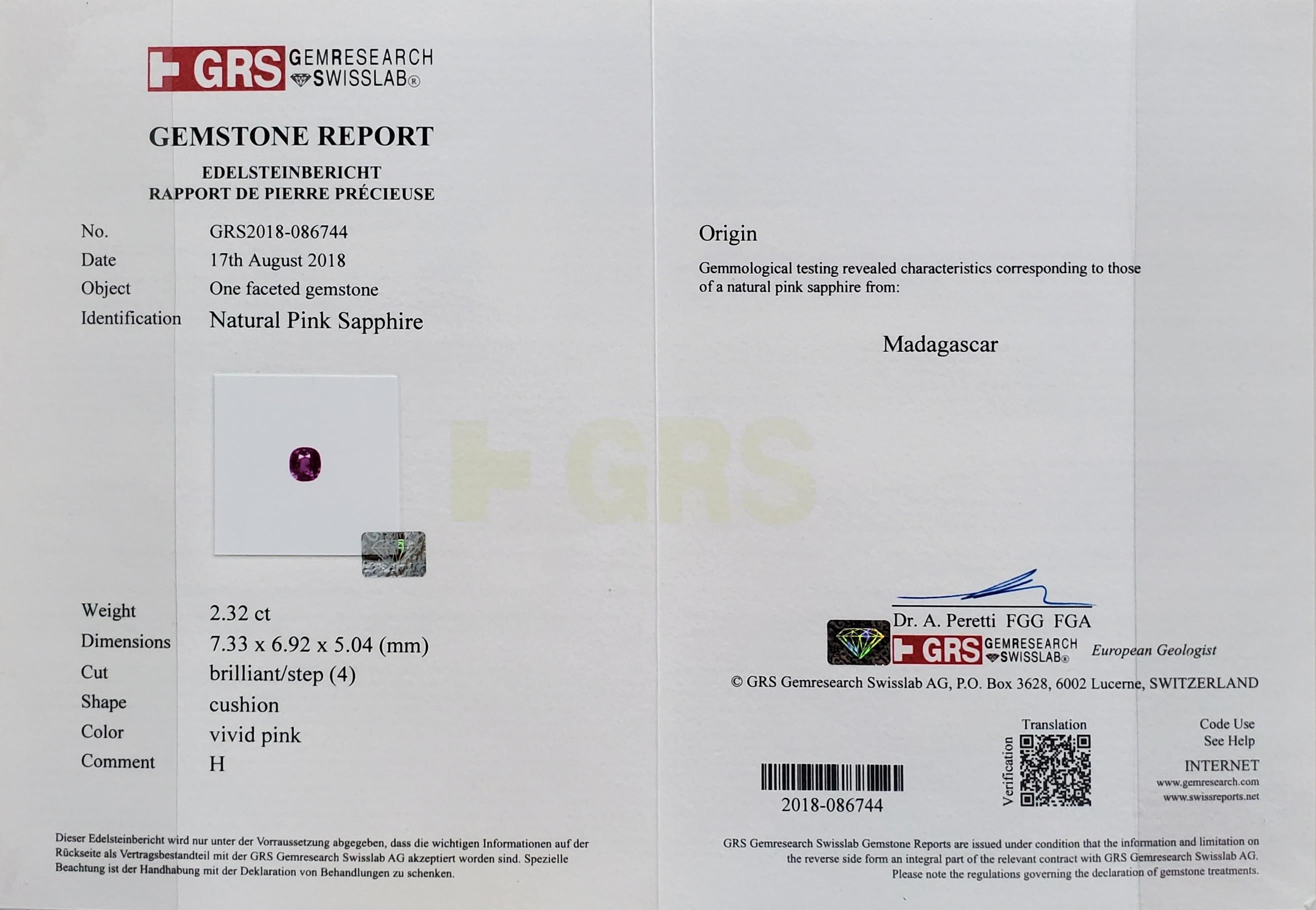 GRS Certified Cushion Vivid Pink Sapphire Cts 2.32 Half Moon Diamond Engagement For Sale 11