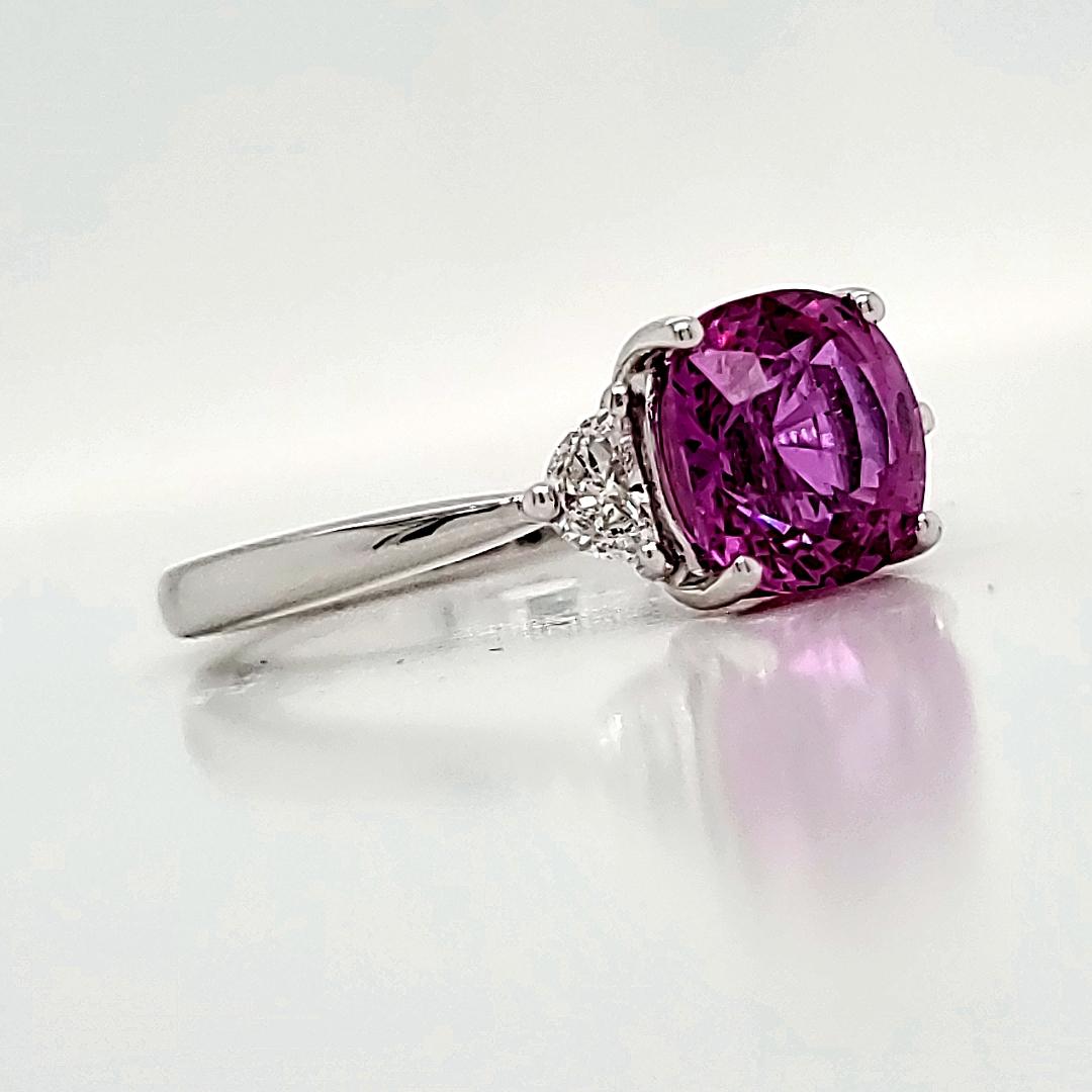 Brilliant Cut GRS Certified Cushion Vivid Pink Sapphire Cts 2.32 Half Moon Diamond Engagement For Sale