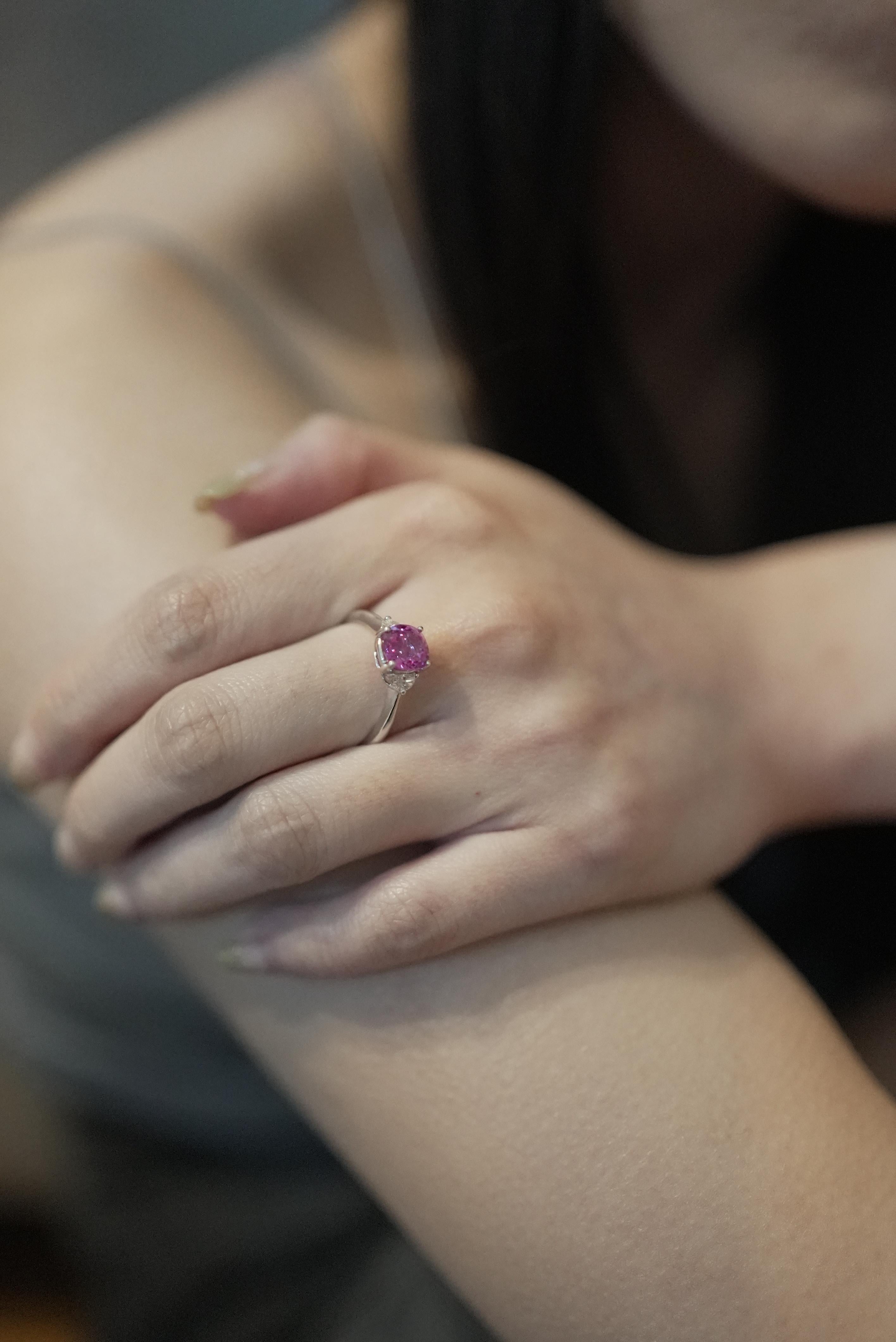 GRS Certified Cushion Vivid Pink Sapphire Cts 2.32 Half Moon Diamond Engagement For Sale 1