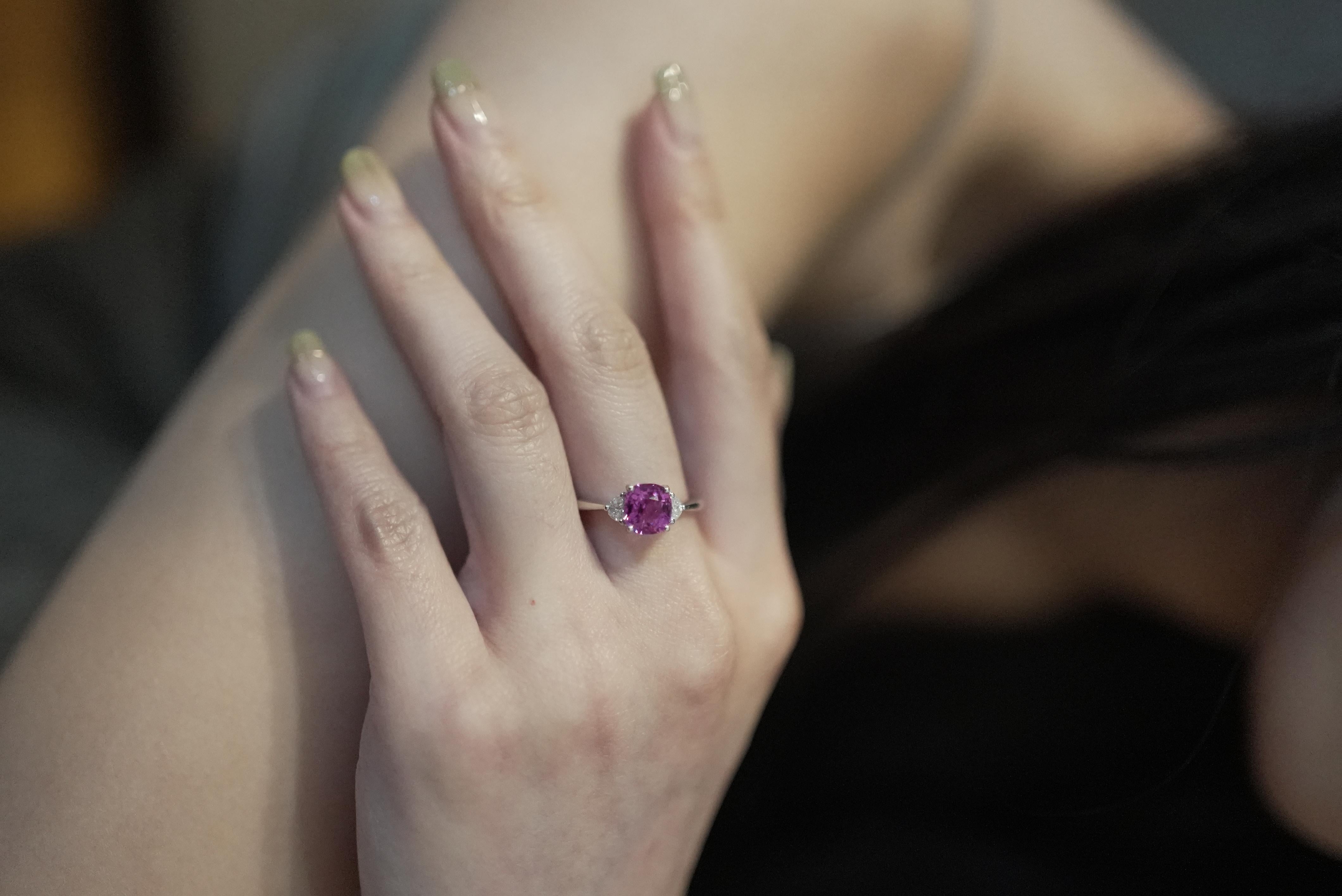 GRS Certified Cushion Vivid Pink Sapphire Cts 2.32 Half Moon Diamond Engagement For Sale 2