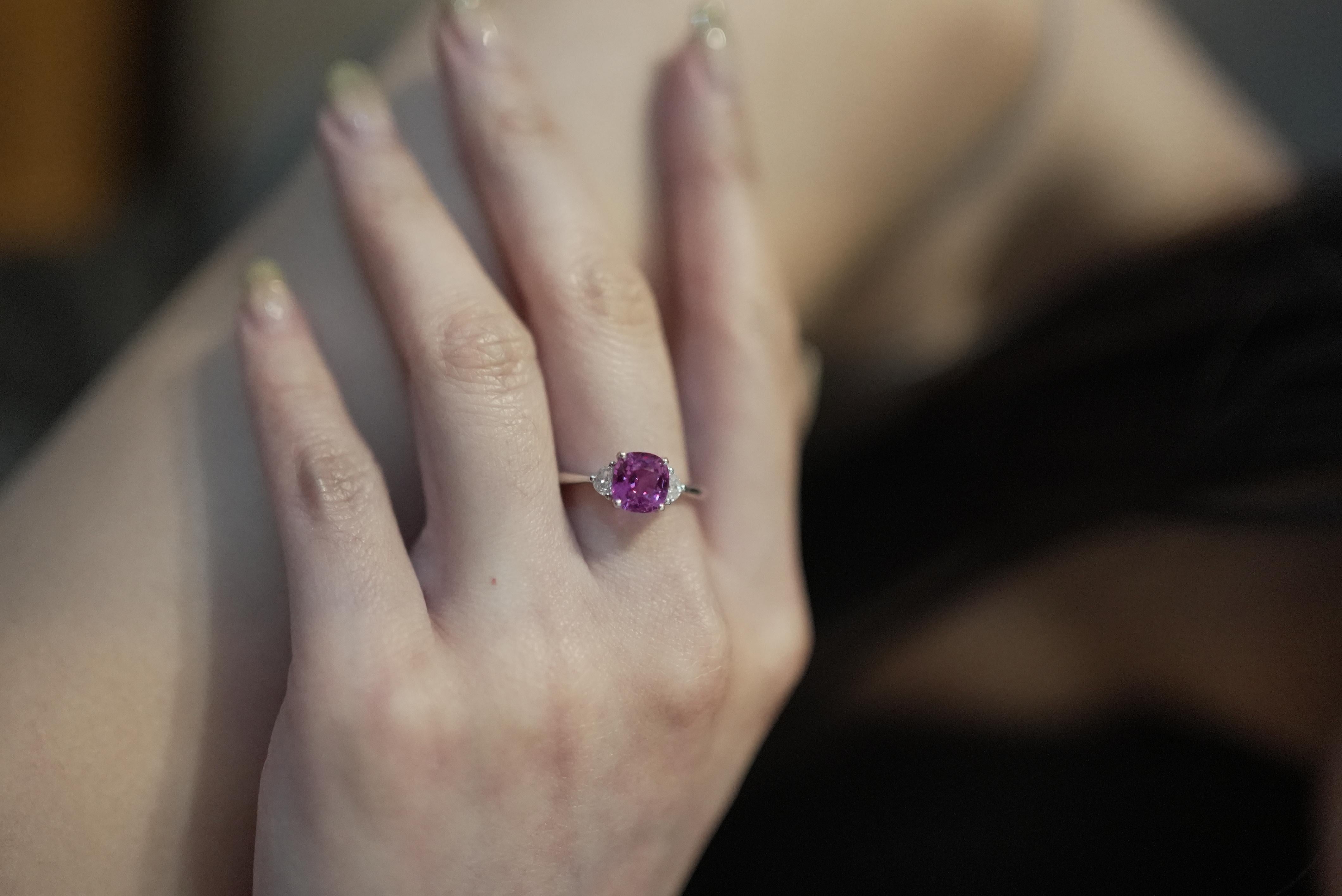 GRS Certified Cushion Vivid Pink Sapphire Cts 2.32 Half Moon Diamond Engagement For Sale 3