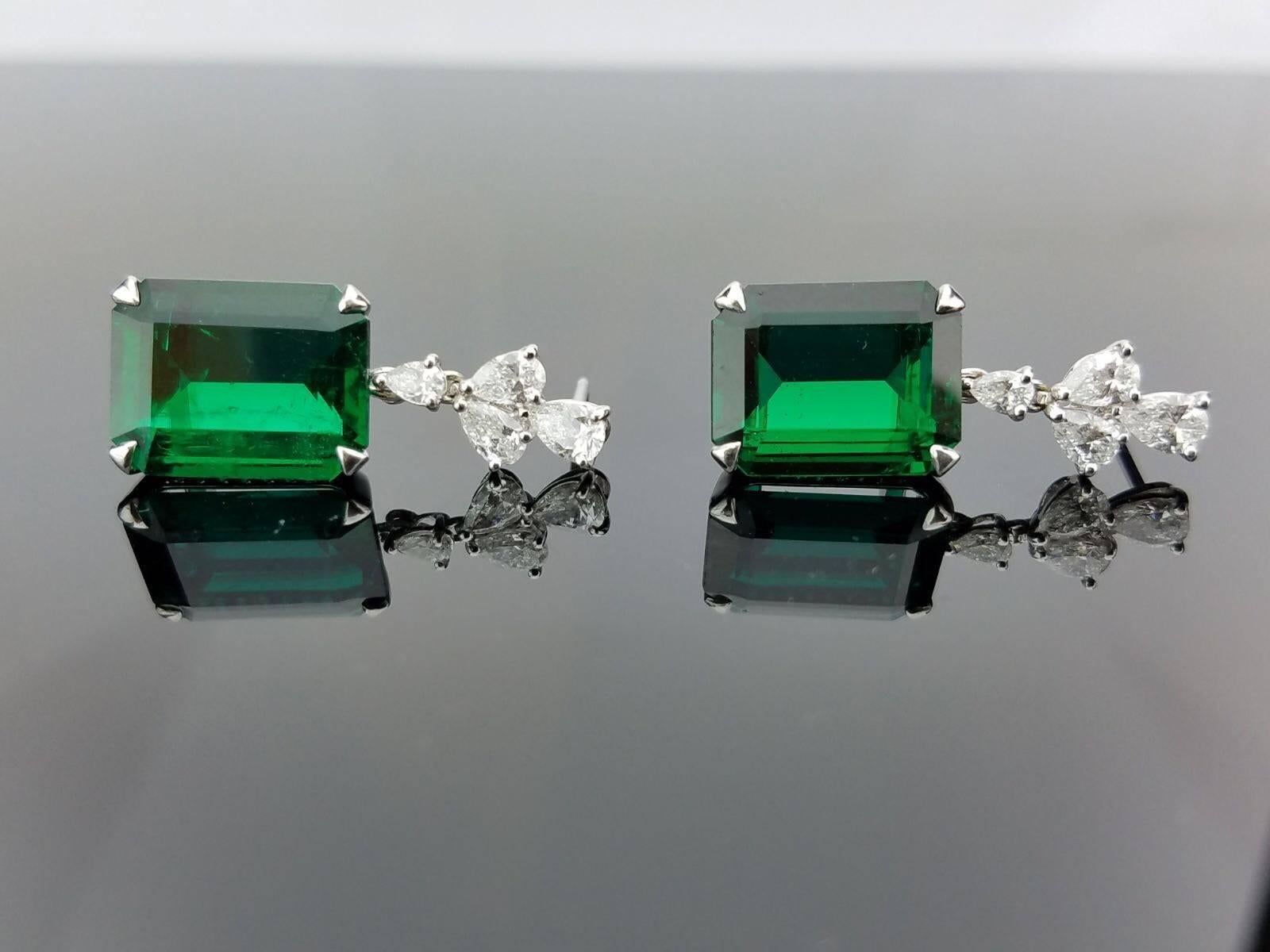 Modern GRS Certified No Oil 10.79 Carat Emerald and Diamond Earrings