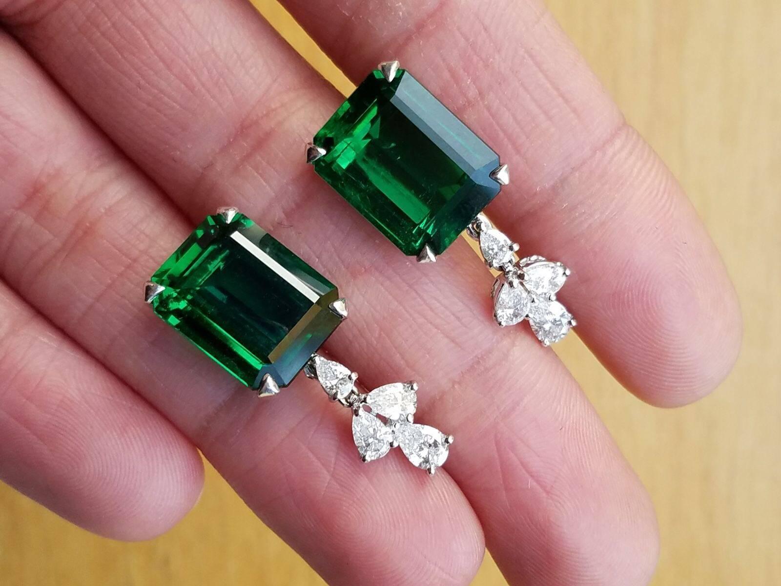 Emerald Cut GRS Certified No Oil 10.79 Carat Emerald and Diamond Earrings