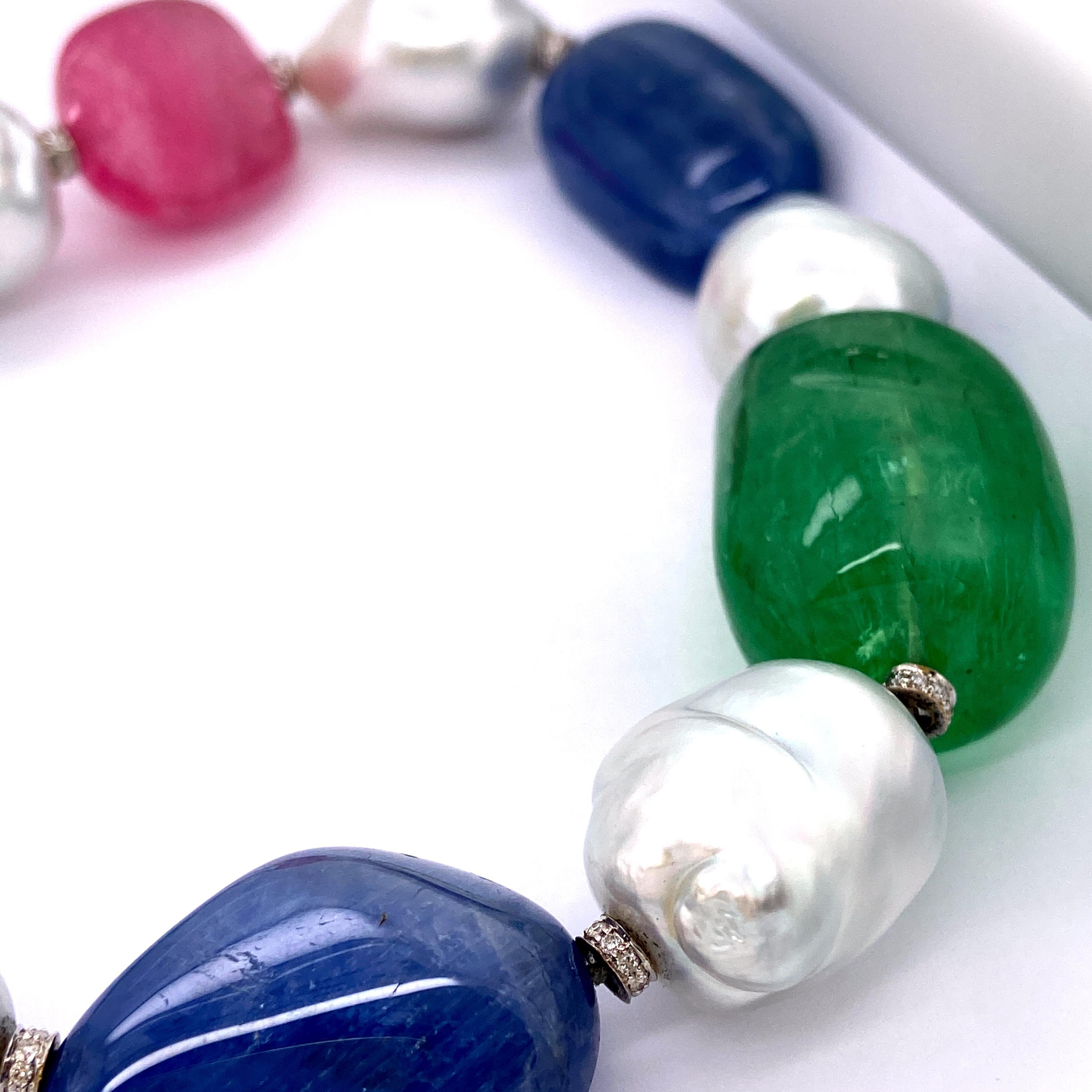 Contemporary GRS Certified Emerald, Burmese Unheated Sapphire, and Pink Tourmaline Necklace For Sale