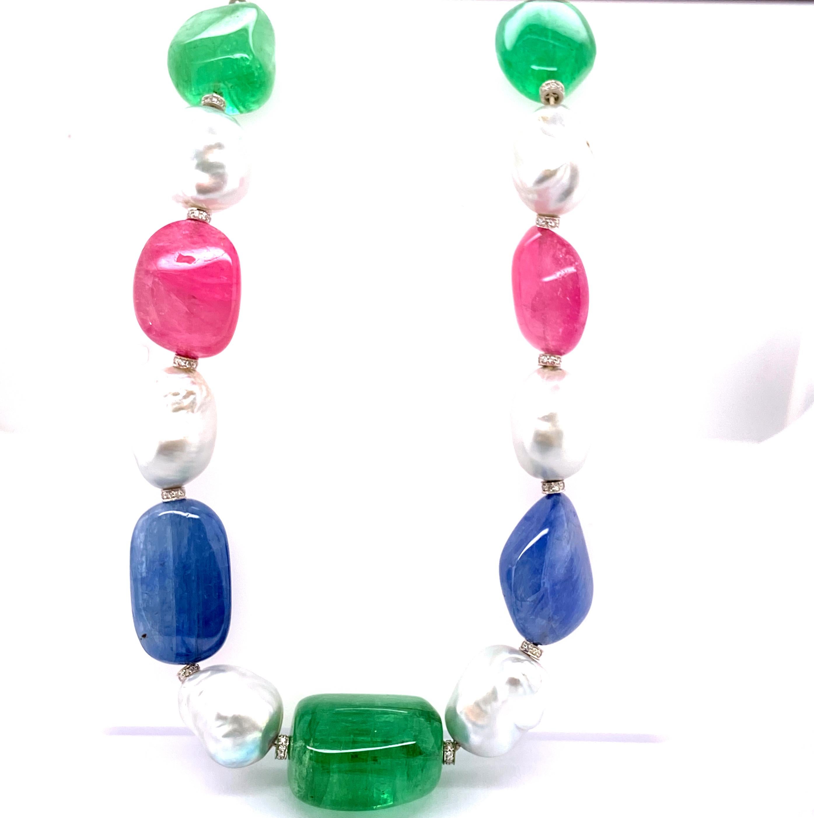 Halskette mit zertifiziertem Smaragd, birmanischem unerhitztem Saphir und rosa Turmalin für Damen oder Herren im Angebot