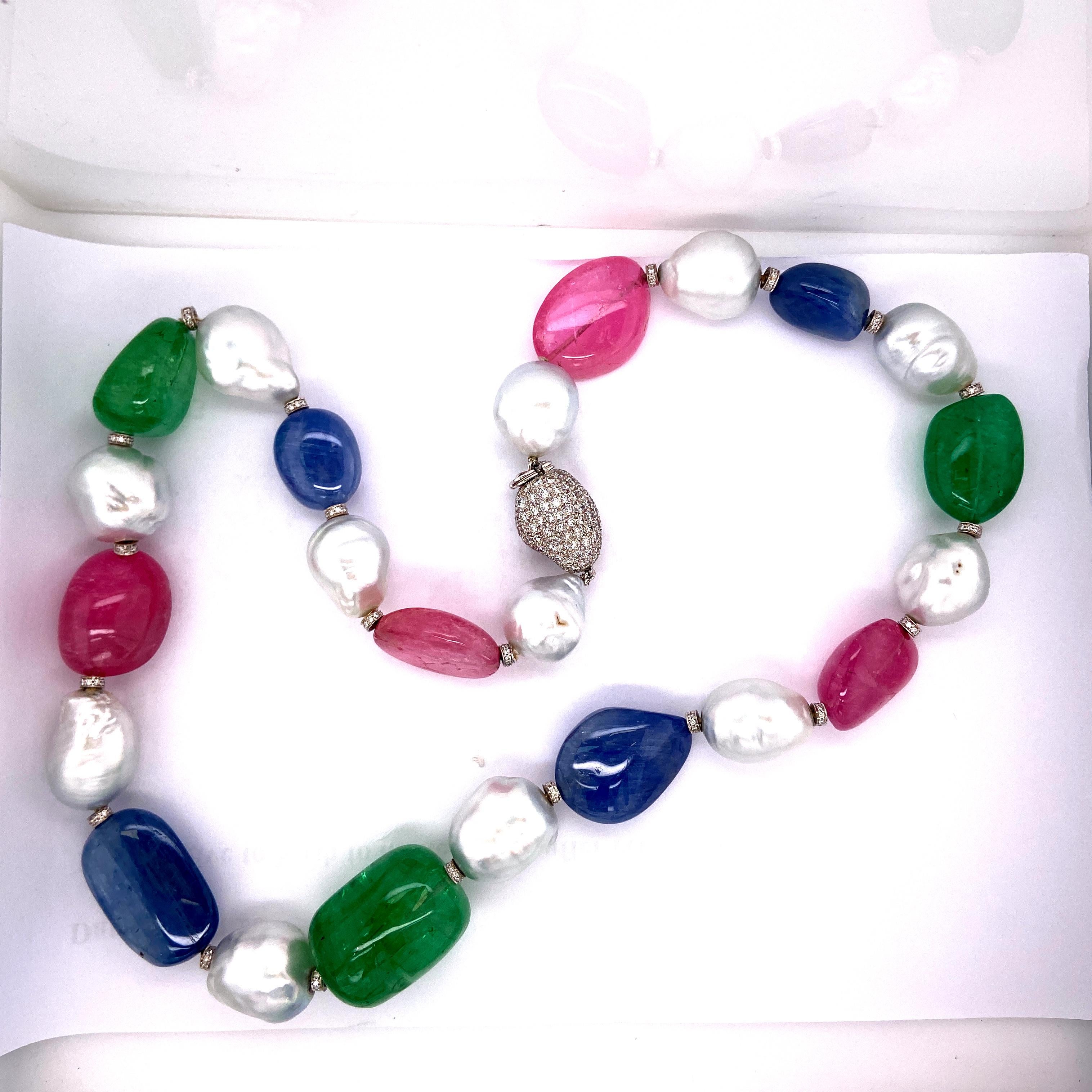 GRS Certified Emerald, Burmese Unheated Sapphire, and Pink Tourmaline Necklace For Sale 1