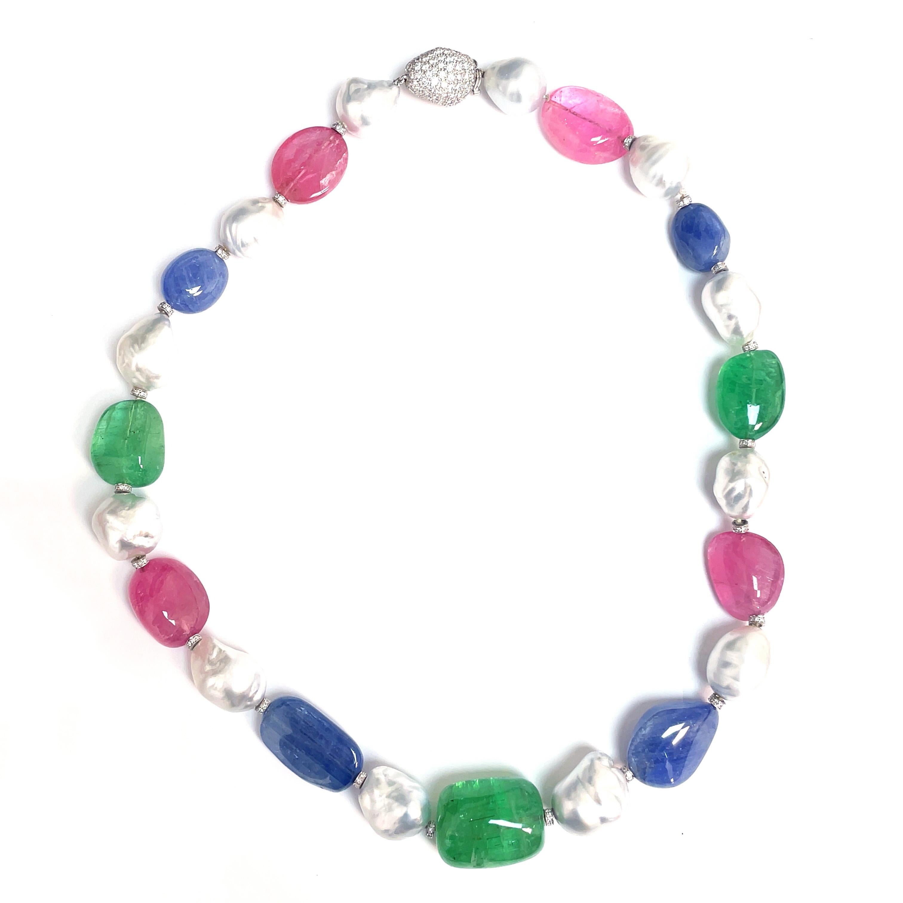 GRS Certified Emerald, Burmese Unheated Sapphire, and Pink Tourmaline Necklace For Sale