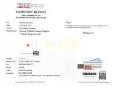 Natural Orange Padparadscha Sapphire Gemstone 1.12 carats with GRS Report